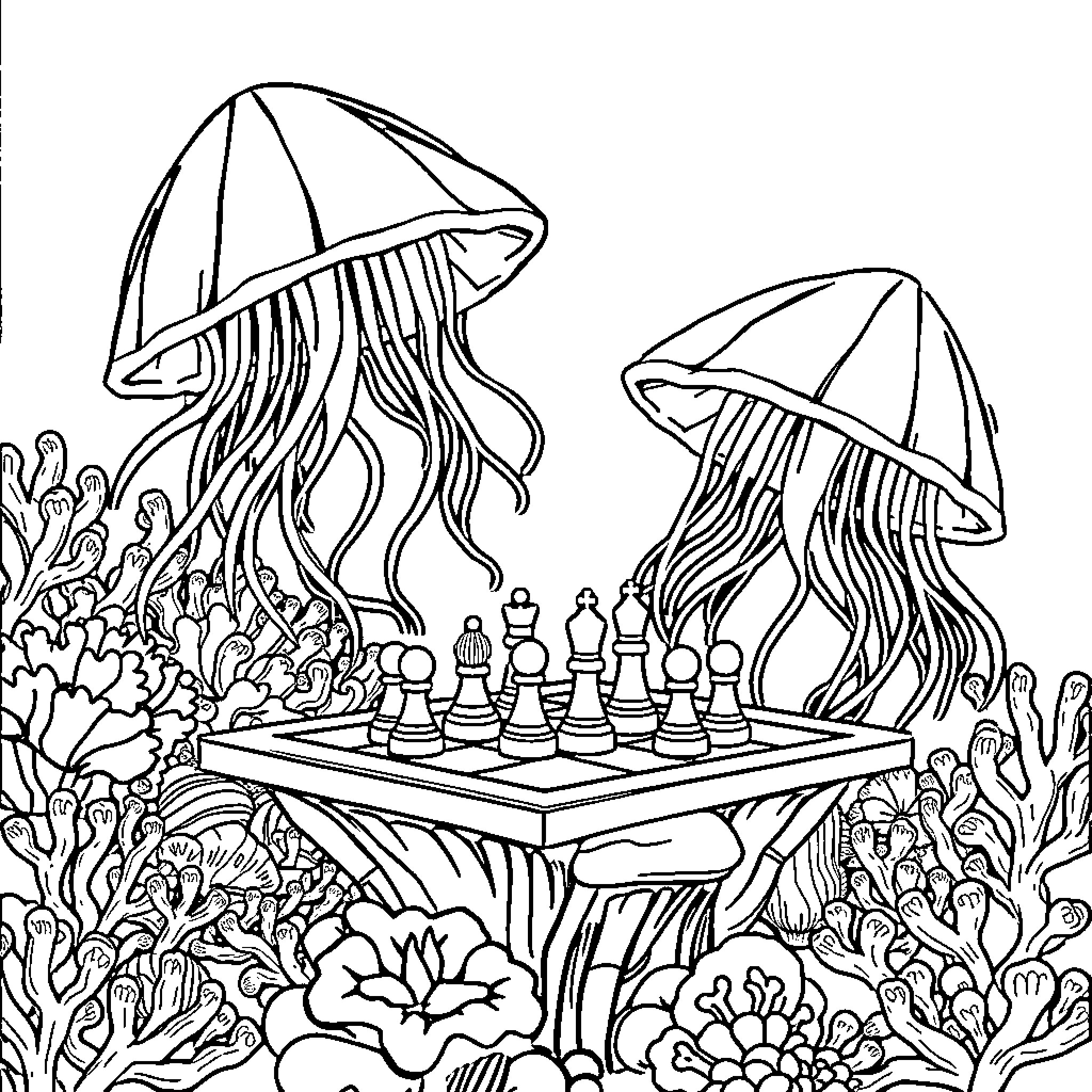 Jellyfish playing chess underwater Coloring Page (free black-and-white line drawing printable PDF for all, from beginners to advanced learners, including children, teens, adults, and seniors)