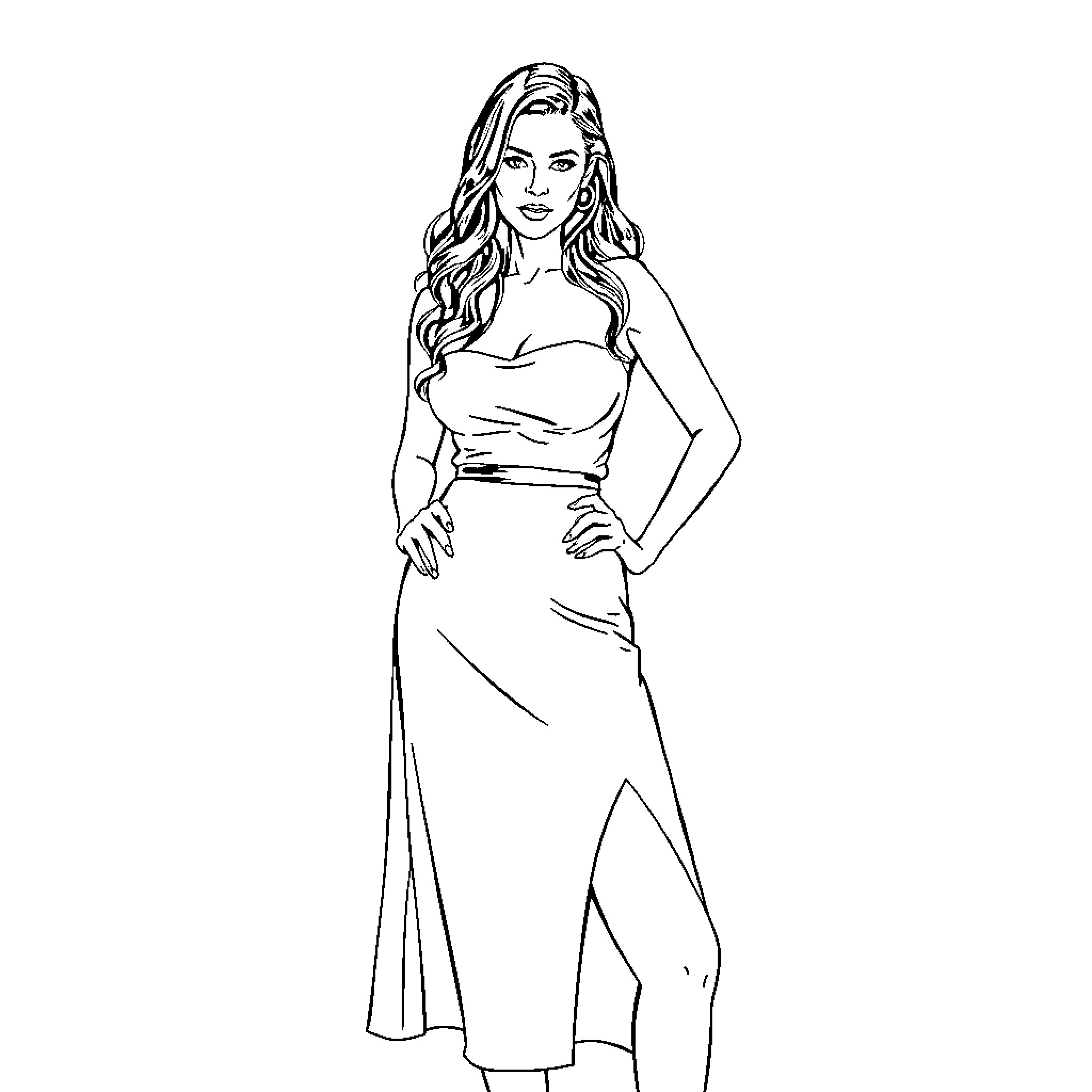 Sydney Sweeney posing in an elegant dress Coloring Page (free black-and-white line drawing printable PDF for all, from beginners to advanced learners, including children, teens, adults, and seniors)