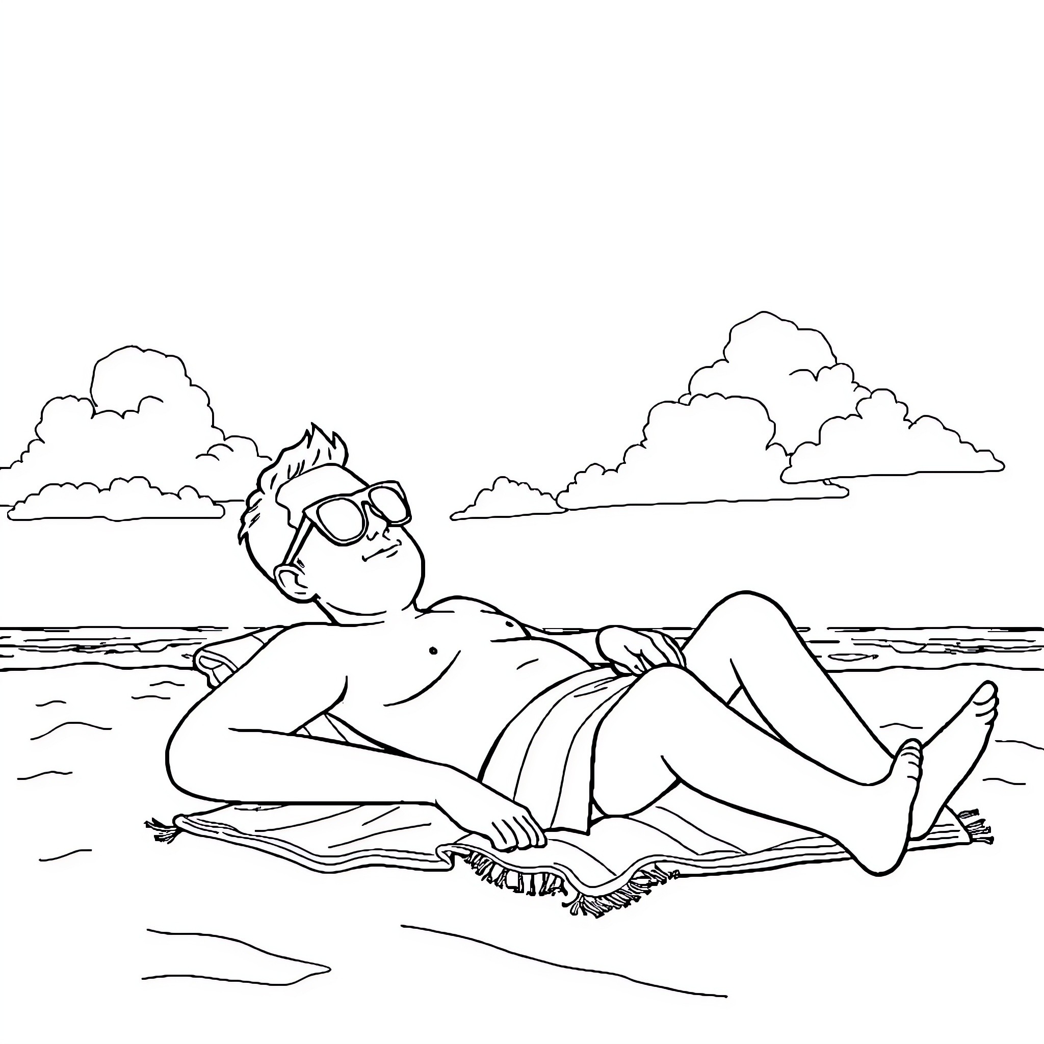 Saturo Gojo relaxing on the beach with a book Coloring Page (free black-and-white line drawing printable PDF for all, from beginners to advanced learners, including children, teens, adults, and seniors)