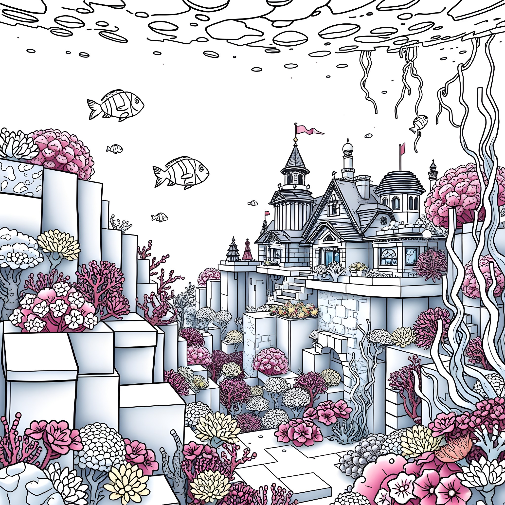Minecraft underwater castle with vibrant coral reef Coloring Page (free black-and-white line drawing printable PDF for all, from beginners to advanced learners, including children, teens, adults, and seniors)