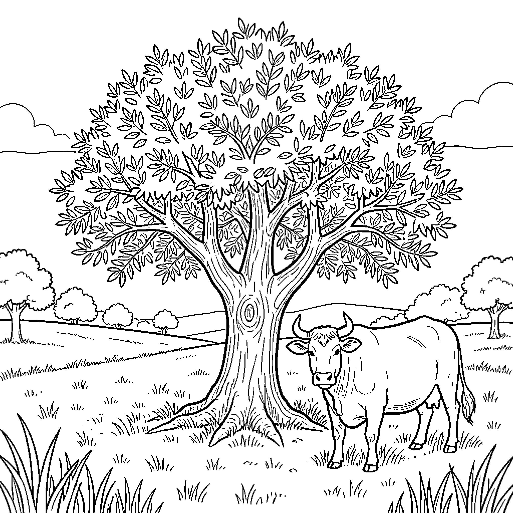 Olivier standing by a large tree next to a cow Coloring Page (free black-and-white line drawing printable PDF for all, from beginners to advanced learners, including children, teens, adults, and seniors)