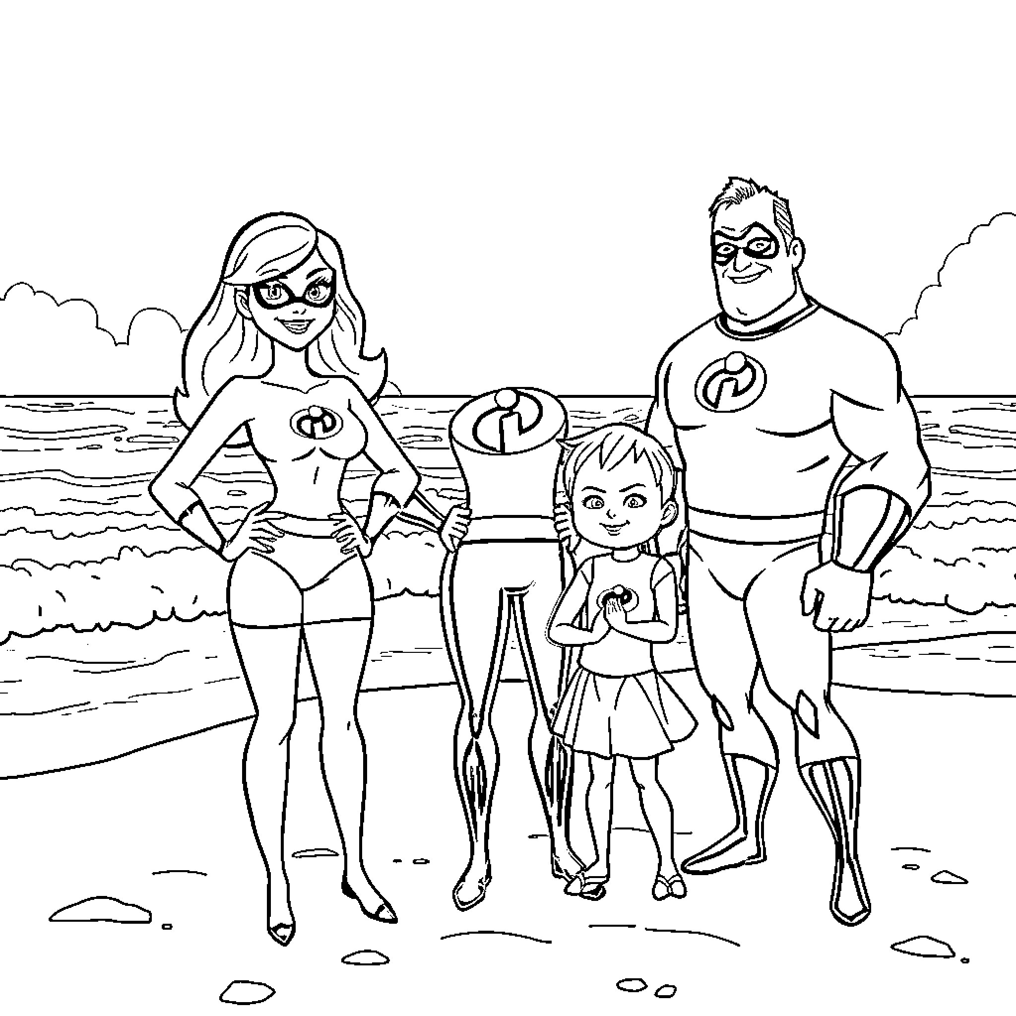 Miss Rachel's Family Superhero Beach Adventure Coloring Page (free black-and-white line drawing printable PDF for all, from beginners to advanced learners, including children, teens, adults, and seniors)