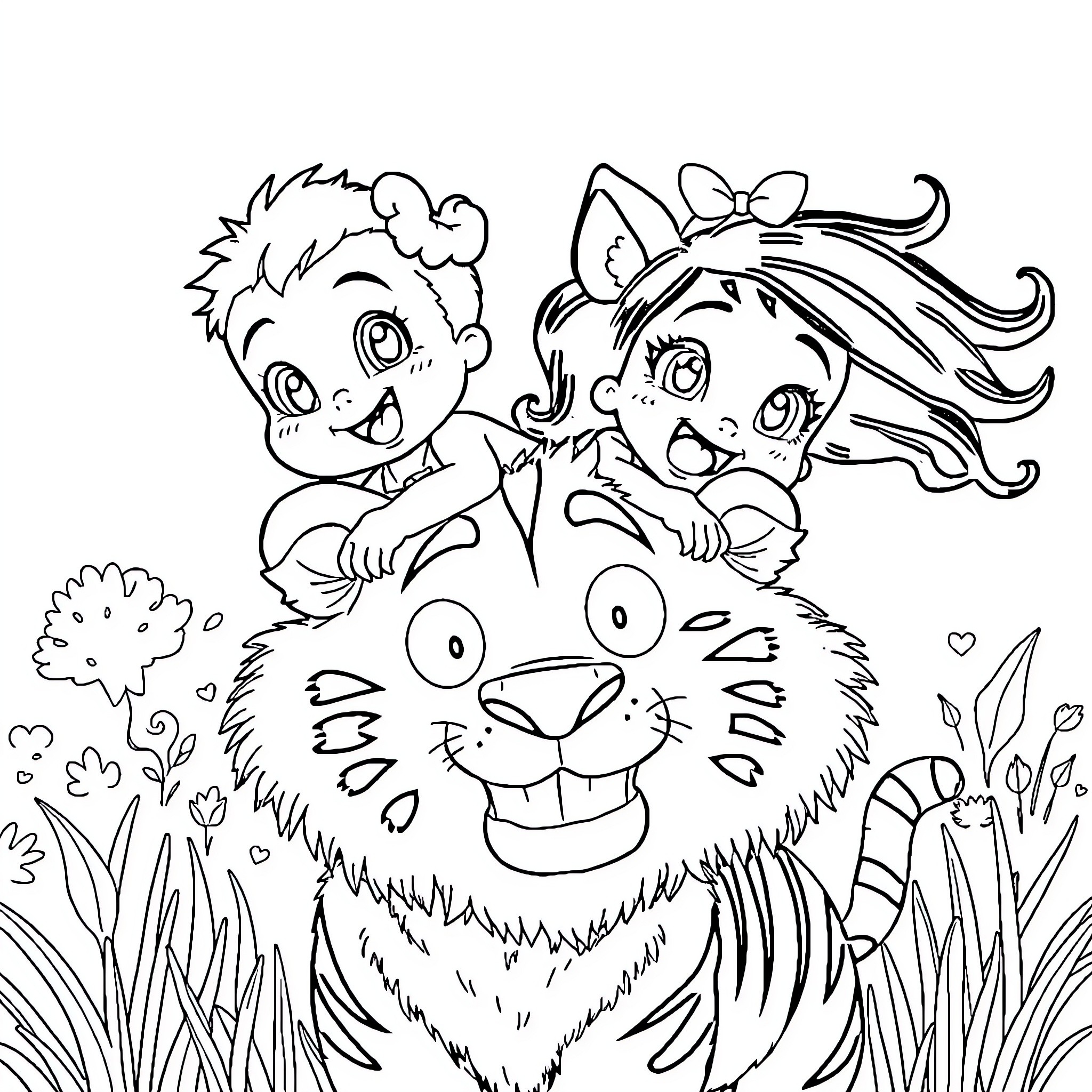 Tiger and friends playing in the garden Coloring Page (free black-and-white line drawing printable PDF for all, from beginners to advanced learners, including children, teens, adults, and seniors)
