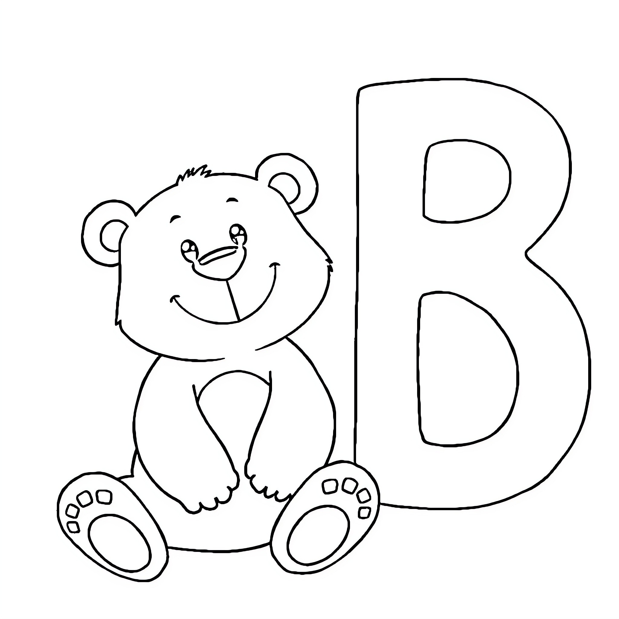 Bear sitting happily with letter B Coloring Page (free black-and-white line drawing printable PDF for all, from beginners to advanced learners, including children, teens, adults, and seniors)