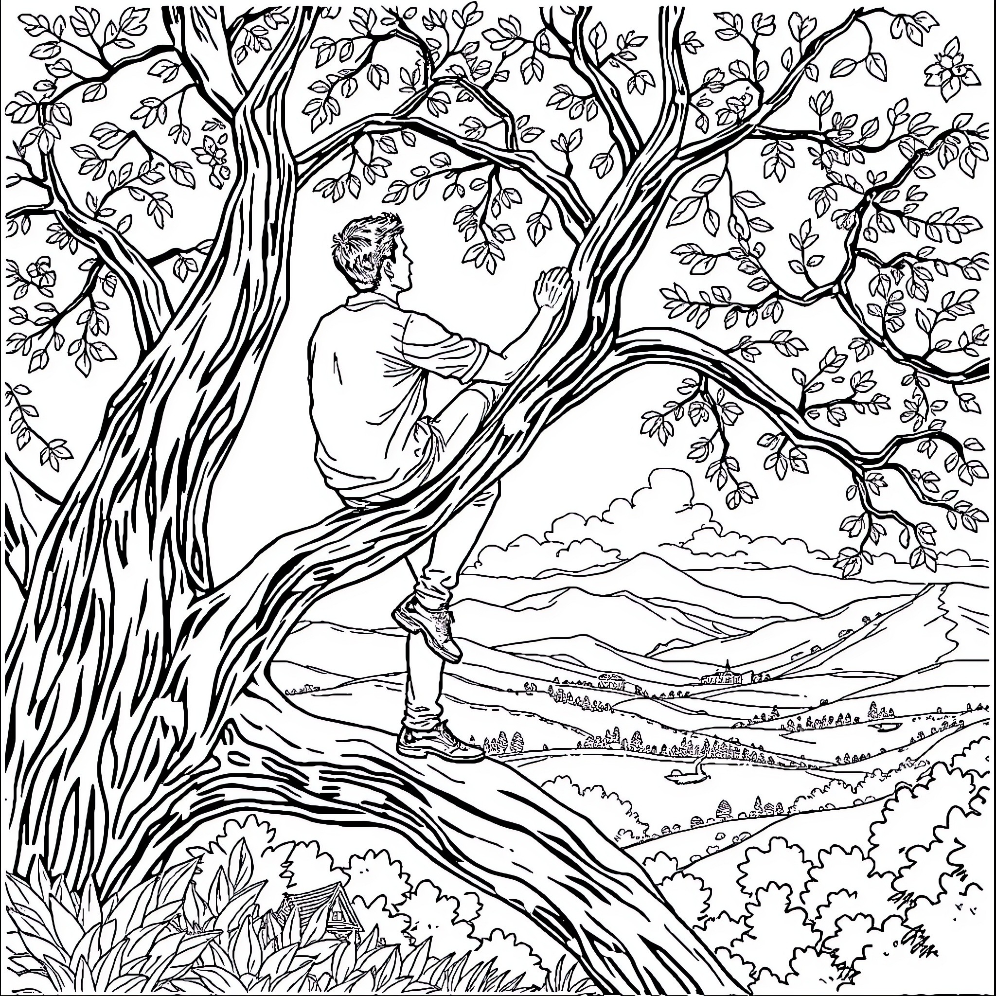 Man enjoying nature in a peaceful landscape Coloring Page (free black-and-white line drawing printable PDF for all, from beginners to advanced learners, including children, teens, adults, and seniors)