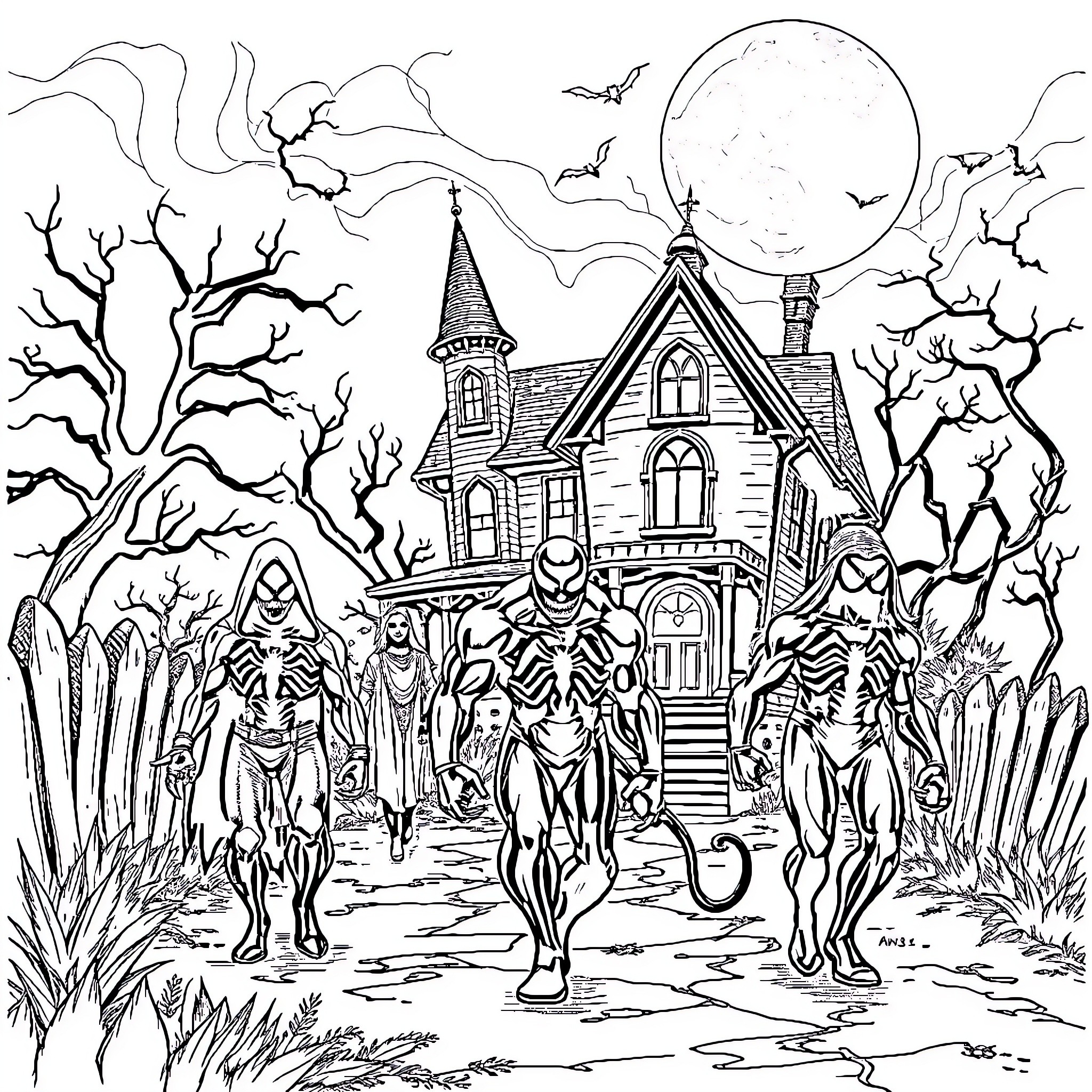 Venom Haunting the Haunted House Coloring Page (free black-and-white line drawing printable PDF for all, from beginners to advanced learners, including children, teens, adults, and seniors)