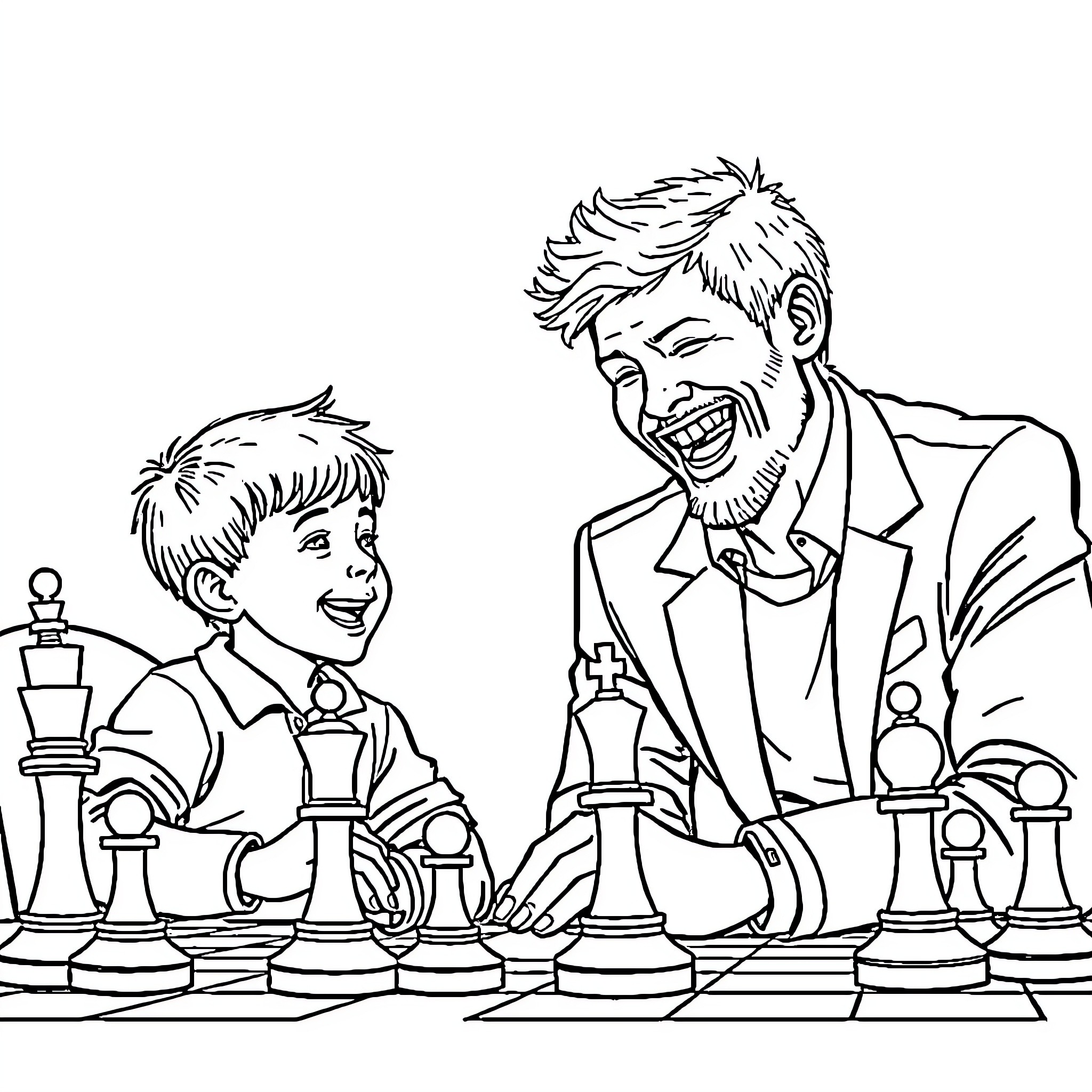 Magnus Carlsen Teaching Young Chess Player Coloring Page (free black-and-white line drawing printable PDF for all, from beginners to advanced learners, including children, teens, adults, and seniors)