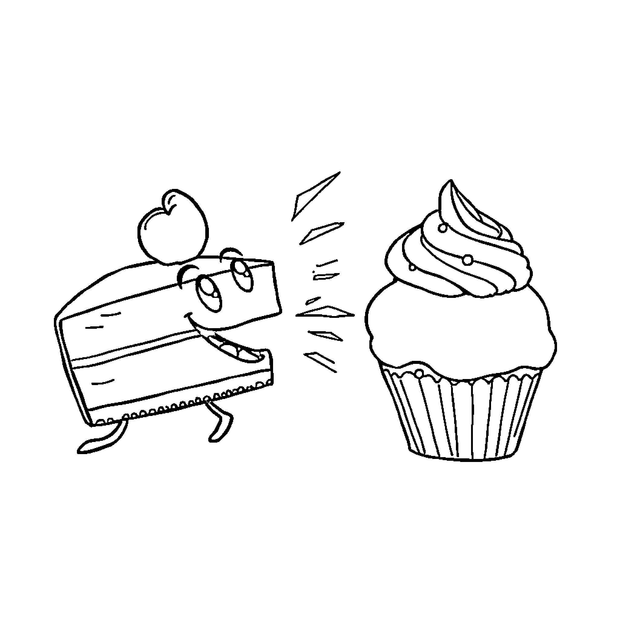 Cheesecake and cupcake having a playful interaction Coloring Page (free black-and-white line drawing printable PDF for all, from beginners to advanced learners, including children, teens, adults, and seniors)