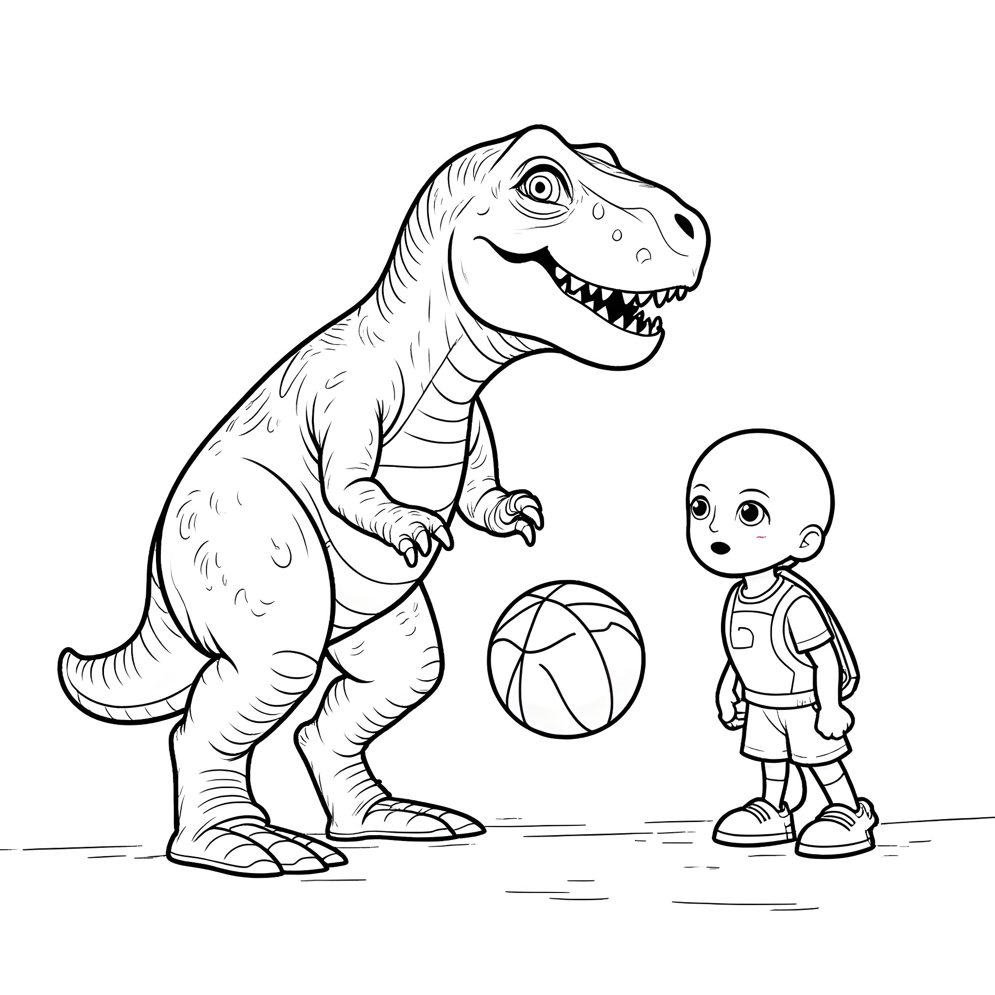 T-Rex Towering Over Playful Child Coloring Page (free black-and-white line drawing printable PDF for all, from beginners to advanced learners, including children, teens, adults, and seniors)