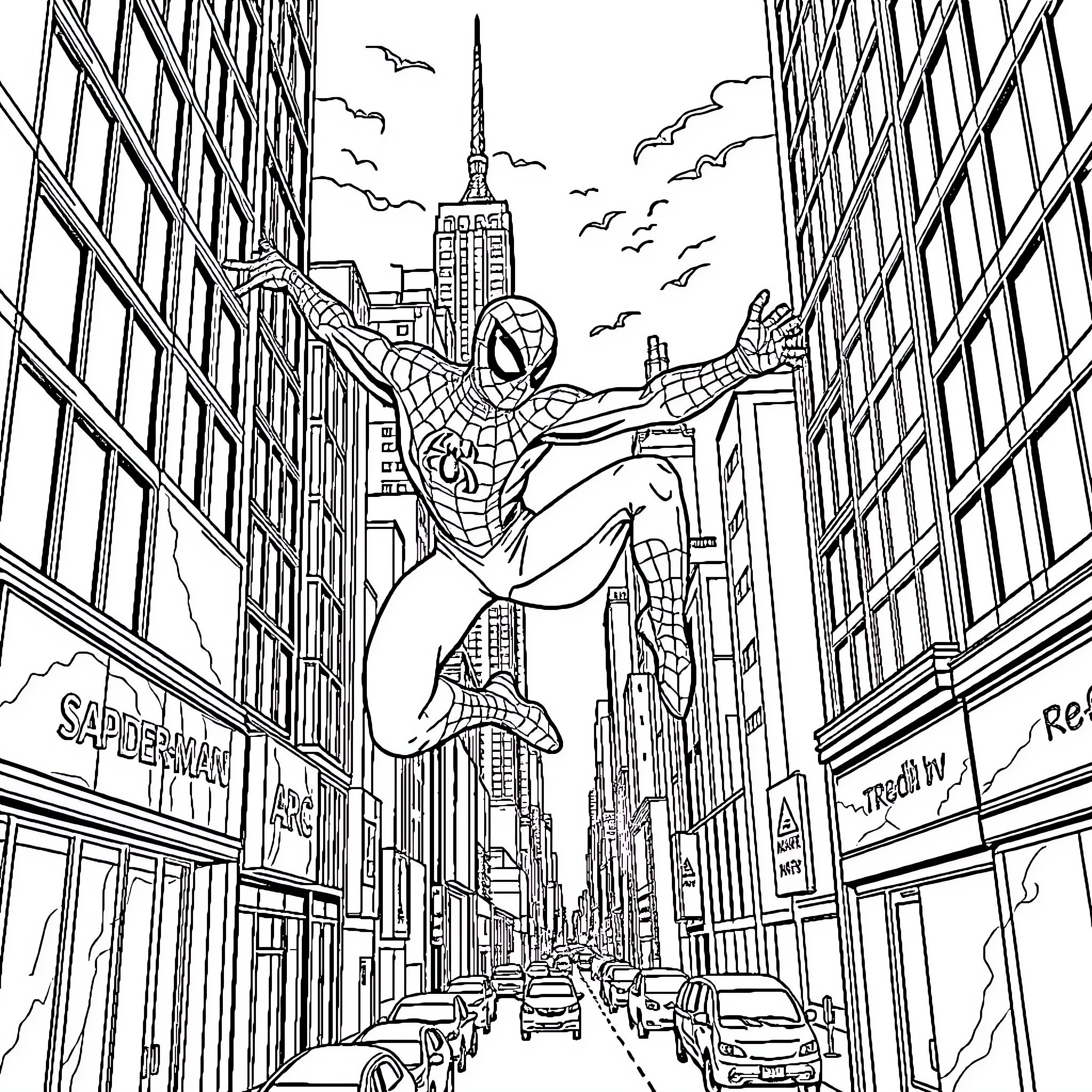 Spiderman swinging through the cityscape Coloring Page (free black-and-white line drawing printable PDF for all, from beginners to advanced learners, including children, teens, adults, and seniors)