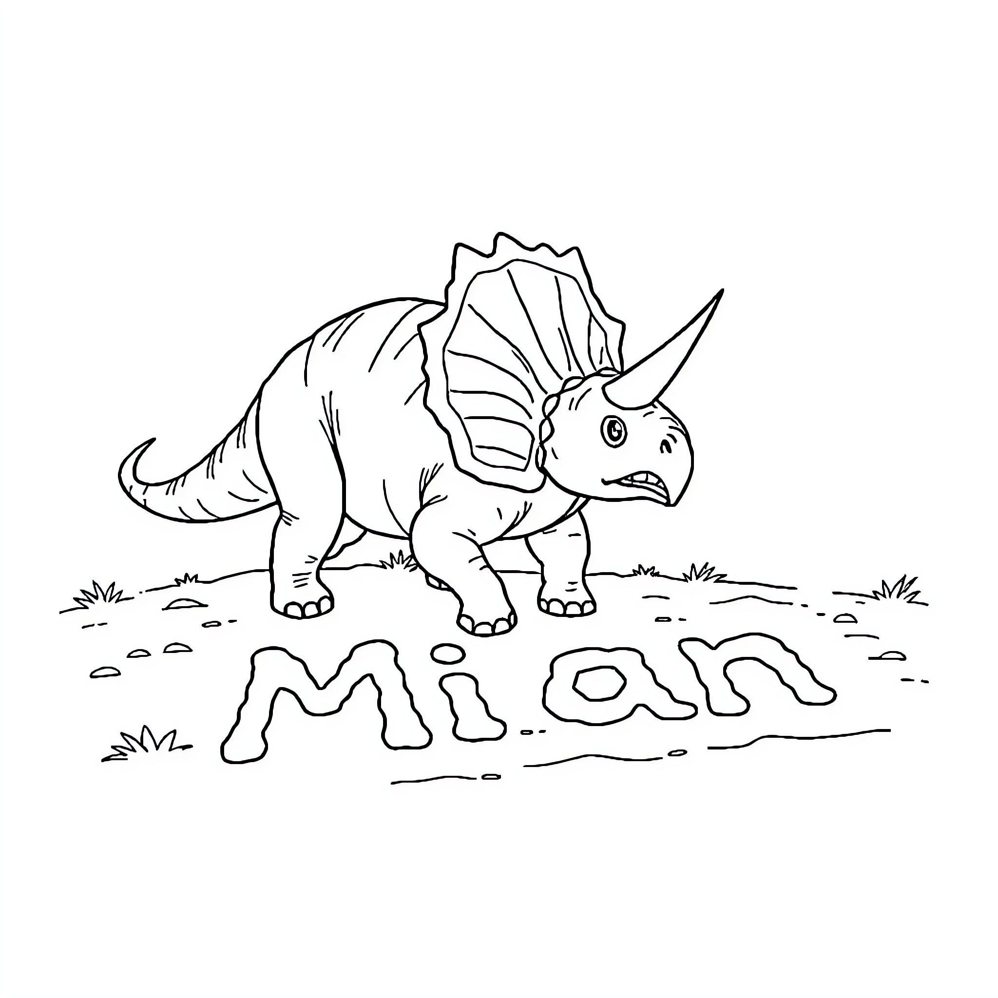Triceratops Walking Playfully Through Mud Coloring Page (free black-and-white line drawing printable PDF for all, from beginners to advanced learners, including children, teens, adults, and seniors)