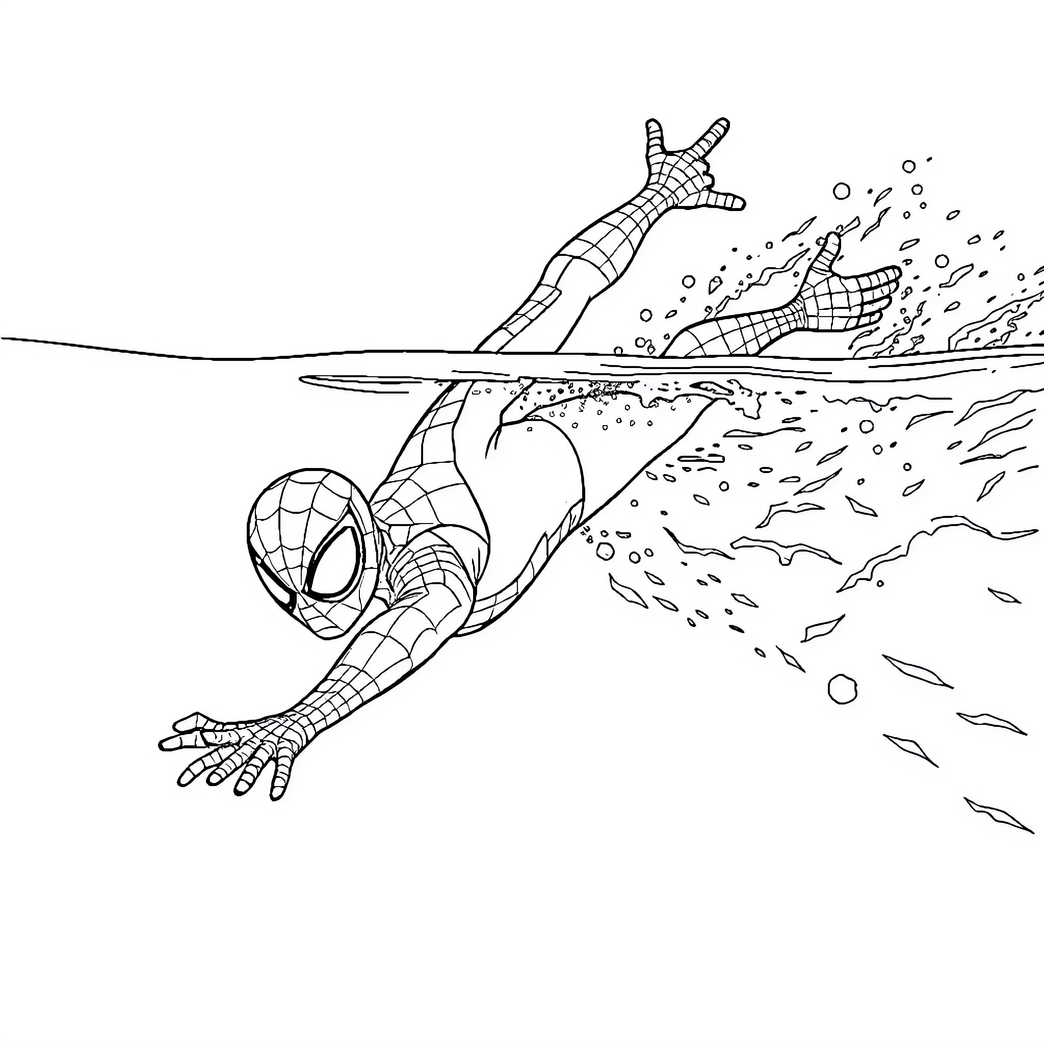 Spiderman swinging into action with web-slinging adventure Coloring Page (free black-and-white line drawing printable PDF for all, from beginners to advanced learners, including children, teens, adults, and seniors)