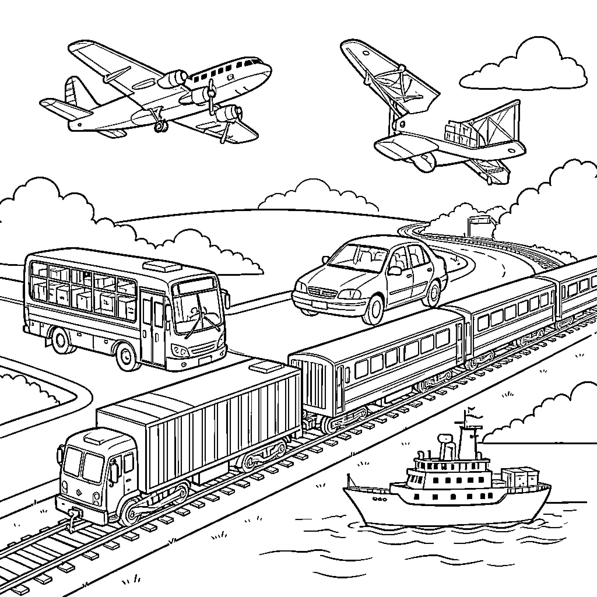 Vehicle traveling through various landscapes and modes of transport Coloring Page (free black-and-white line drawing printable PDF for all, from beginners to advanced learners, including children, teens, adults, and seniors)