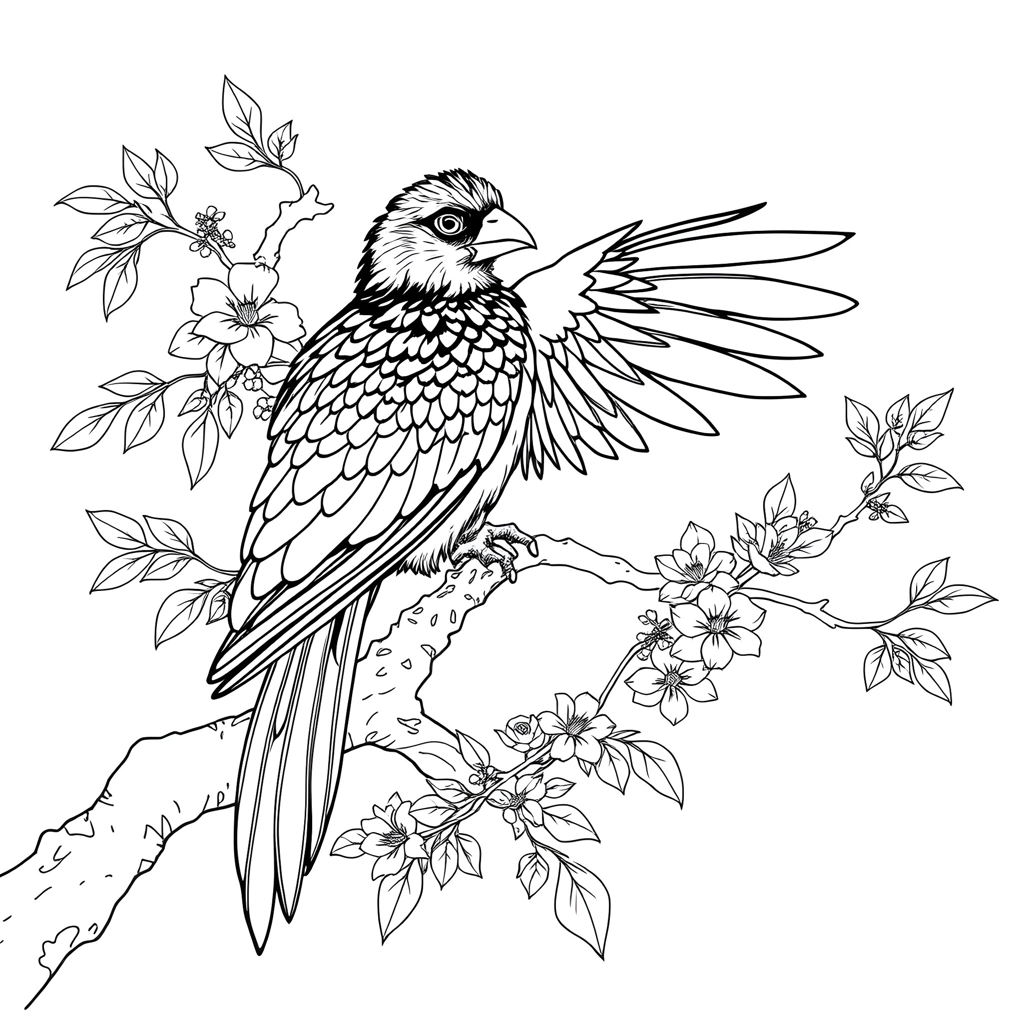 Passerina Cyanea - Colorful Bird Among Blooming Floral Branches Coloring Page (free black-and-white line drawing printable PDF for all, from beginners to advanced learners, including children, teens, adults, and seniors)