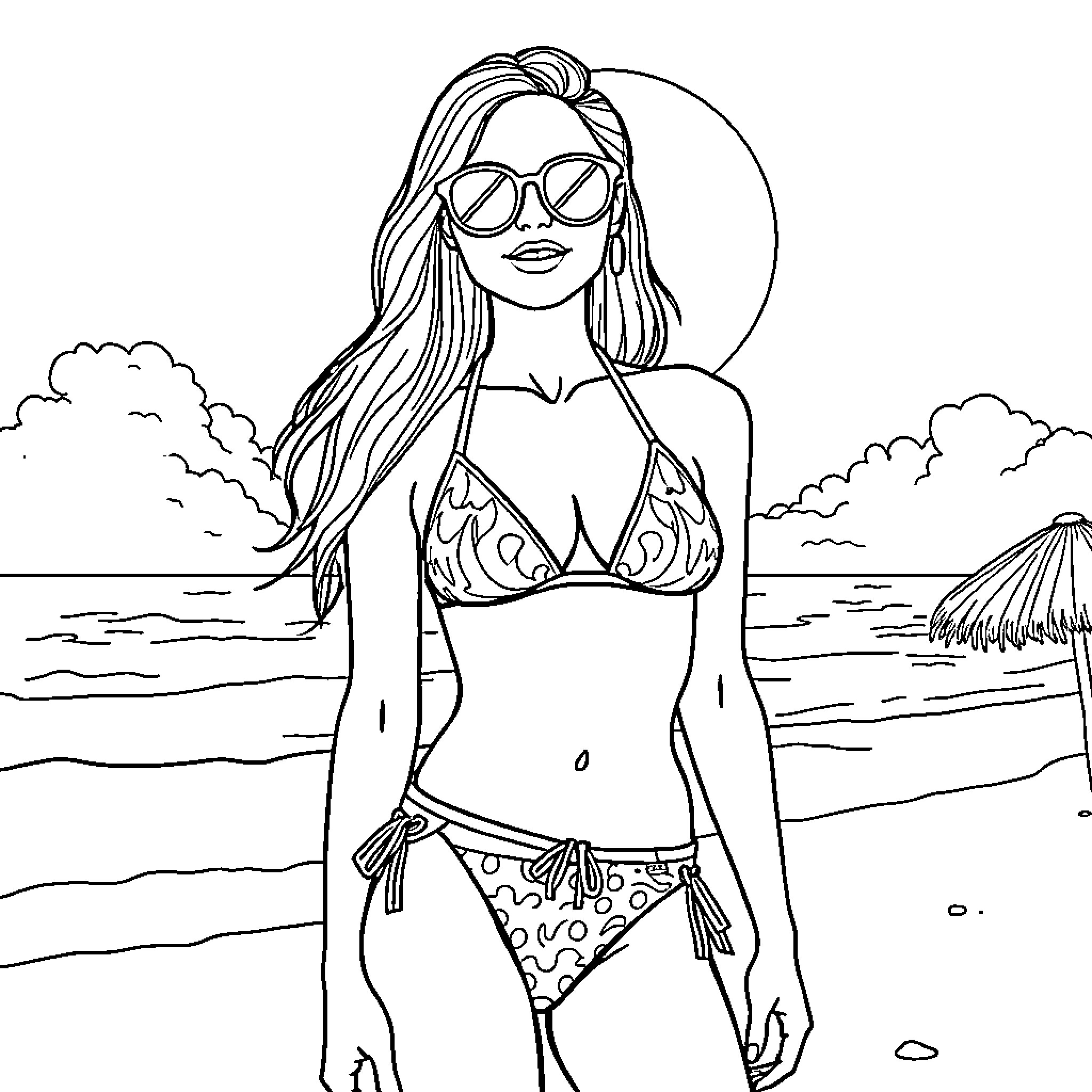 Bikini Girl Enjoying the Beach Scenery Coloring Page (free black-and-white line drawing printable PDF for all, from beginners to advanced learners, including children, teens, adults, and seniors)