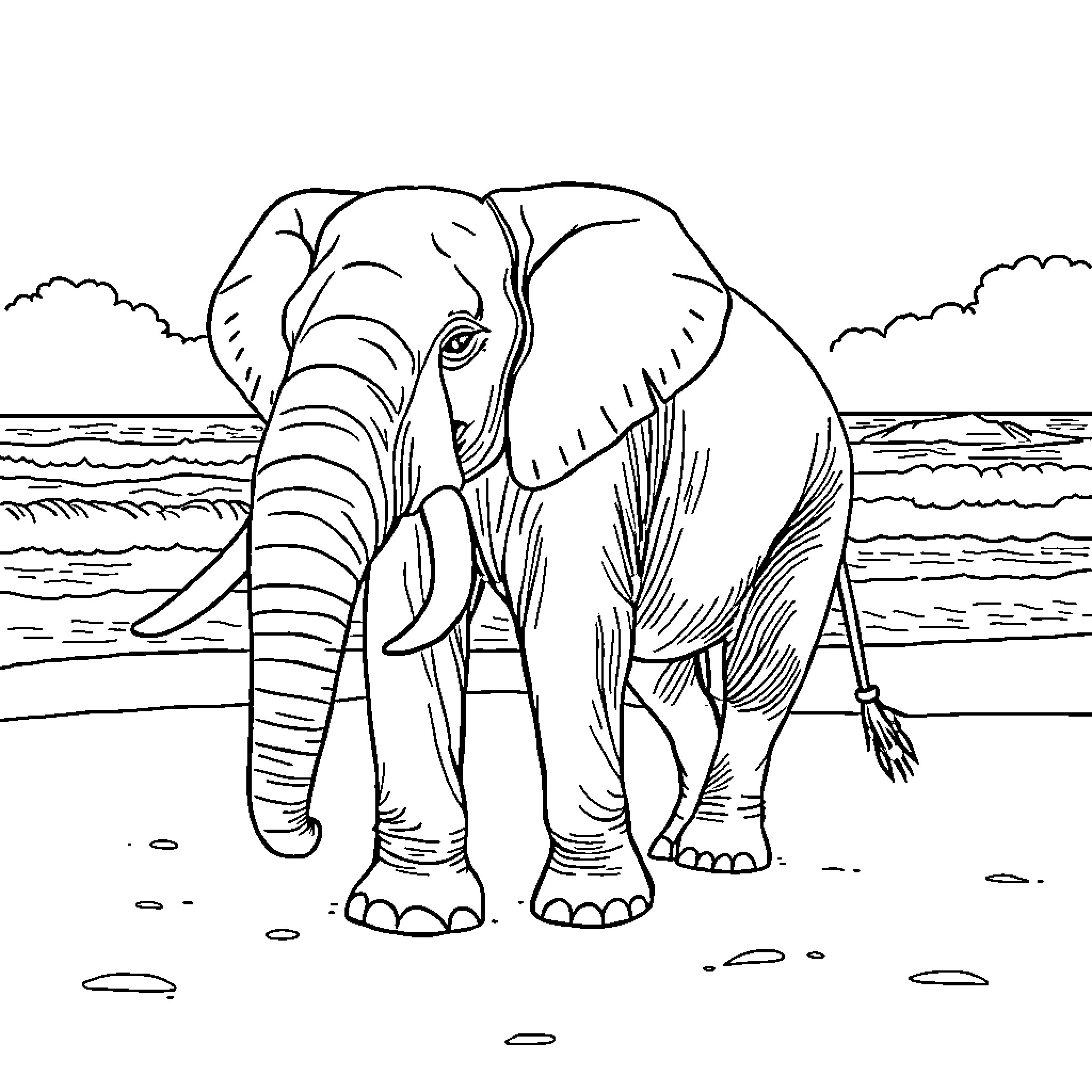 Elephant standing tall by the shore Coloring Page (free black-and-white line drawing printable PDF for all, from beginners to advanced learners, including children, teens, adults, and seniors)
