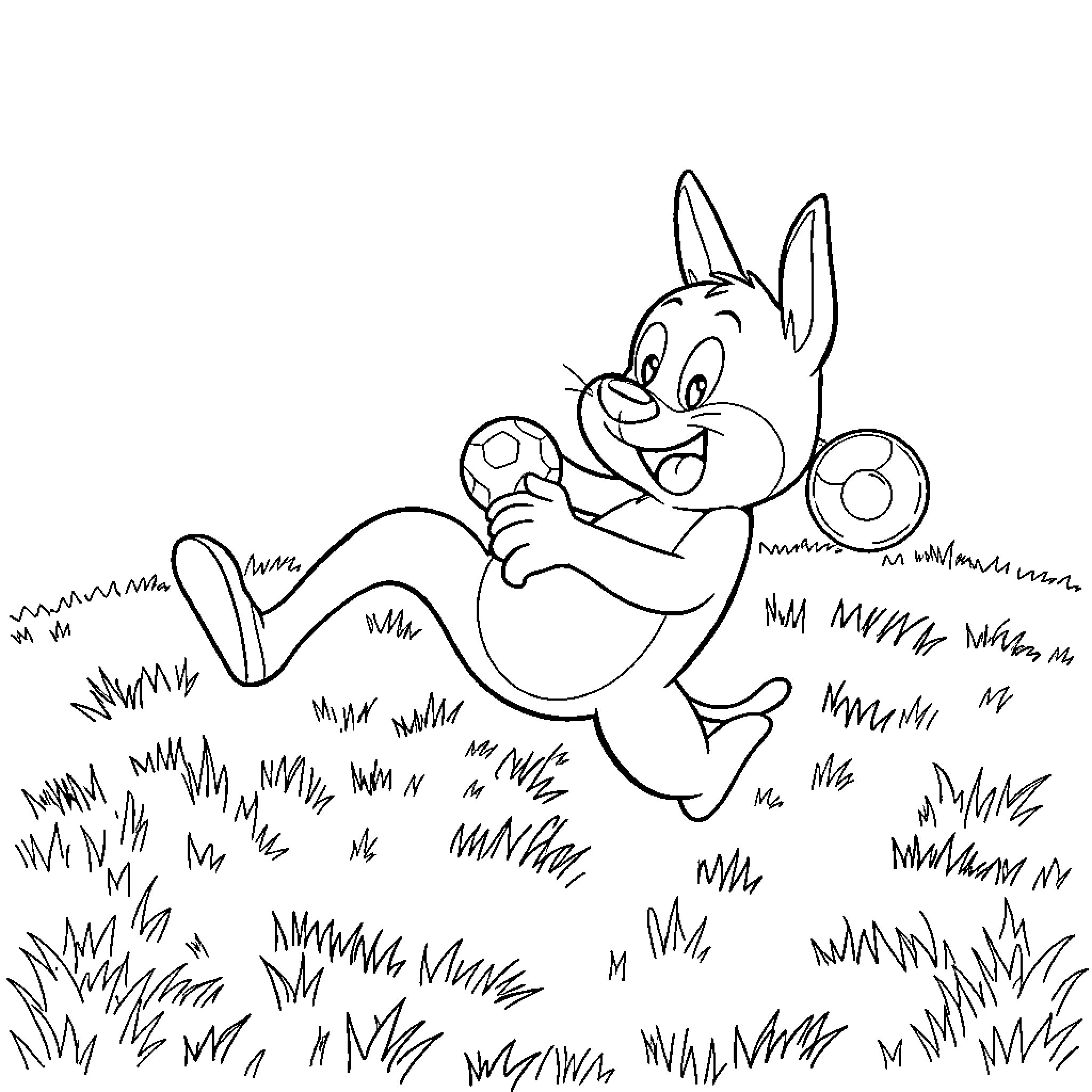 Bluey playing happily with soccer ball in the grass Coloring Page (free black-and-white line drawing printable PDF for all, from beginners to advanced learners, including children, teens, adults, and seniors)