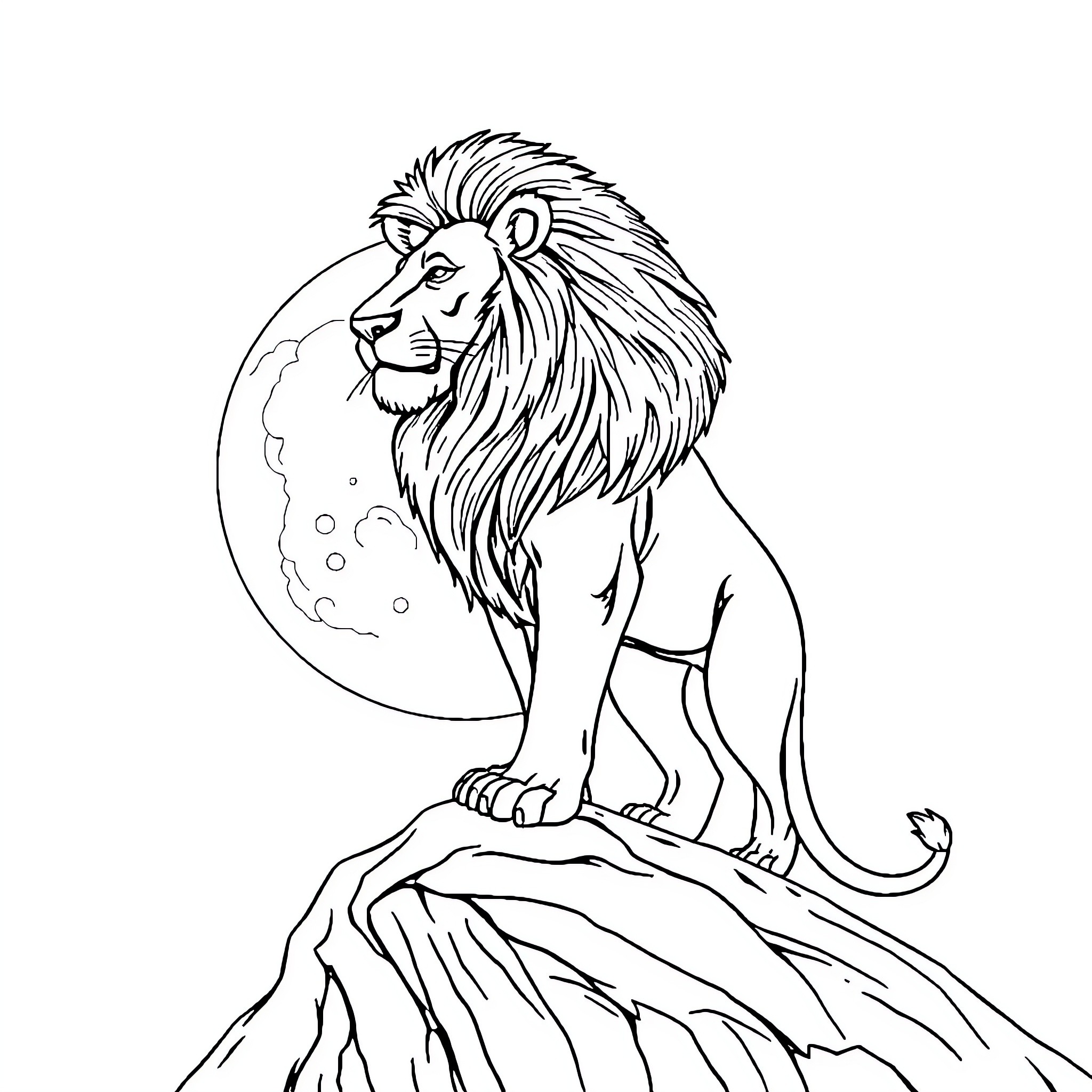 Lion gazing at the night sky Coloring Page (free black-and-white line drawing printable PDF for all, from beginners to advanced learners, including children, teens, adults, and seniors)