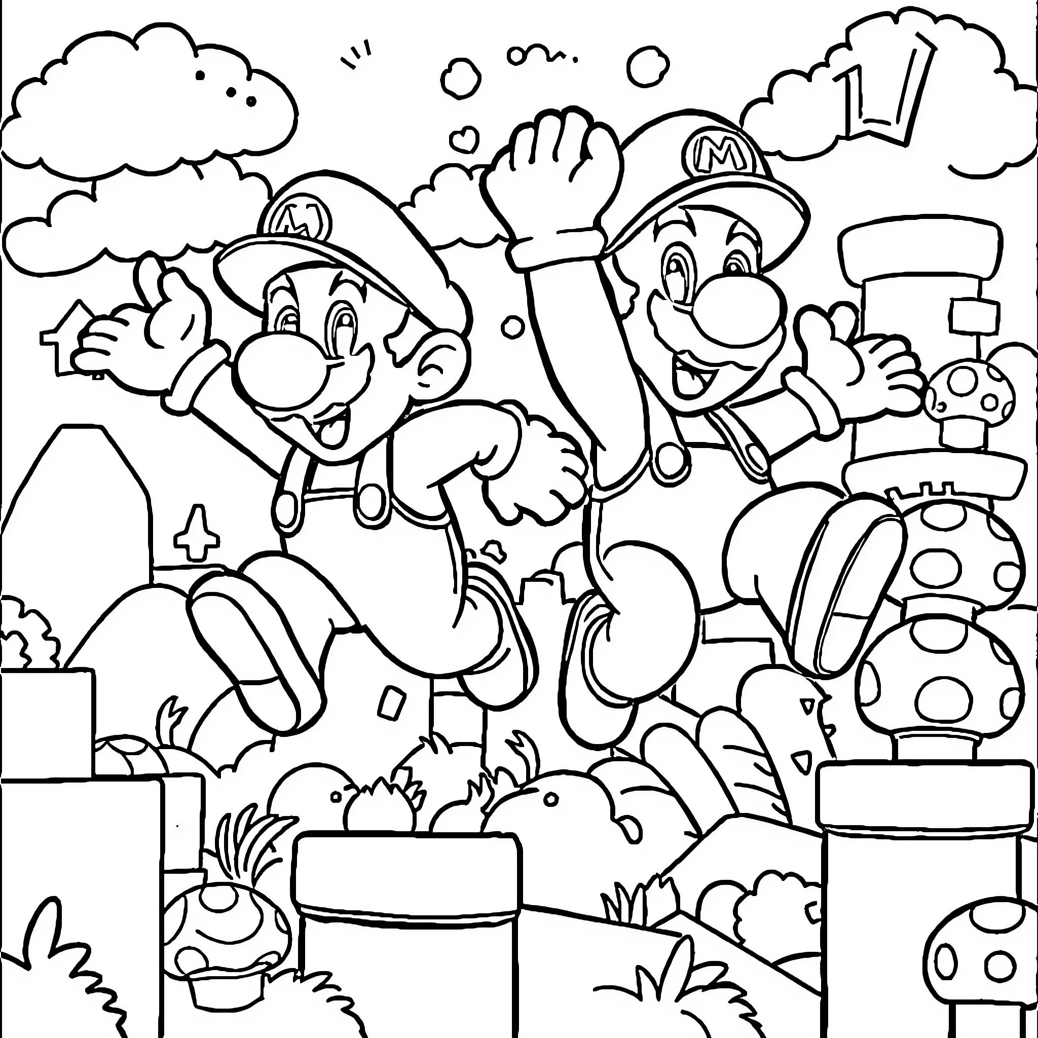 Mario Brothers Jumping Joyfully in Action Packed Scene Coloring Page (free black-and-white line drawing printable PDF for all, from beginners to advanced learners, including children, teens, adults, and seniors)