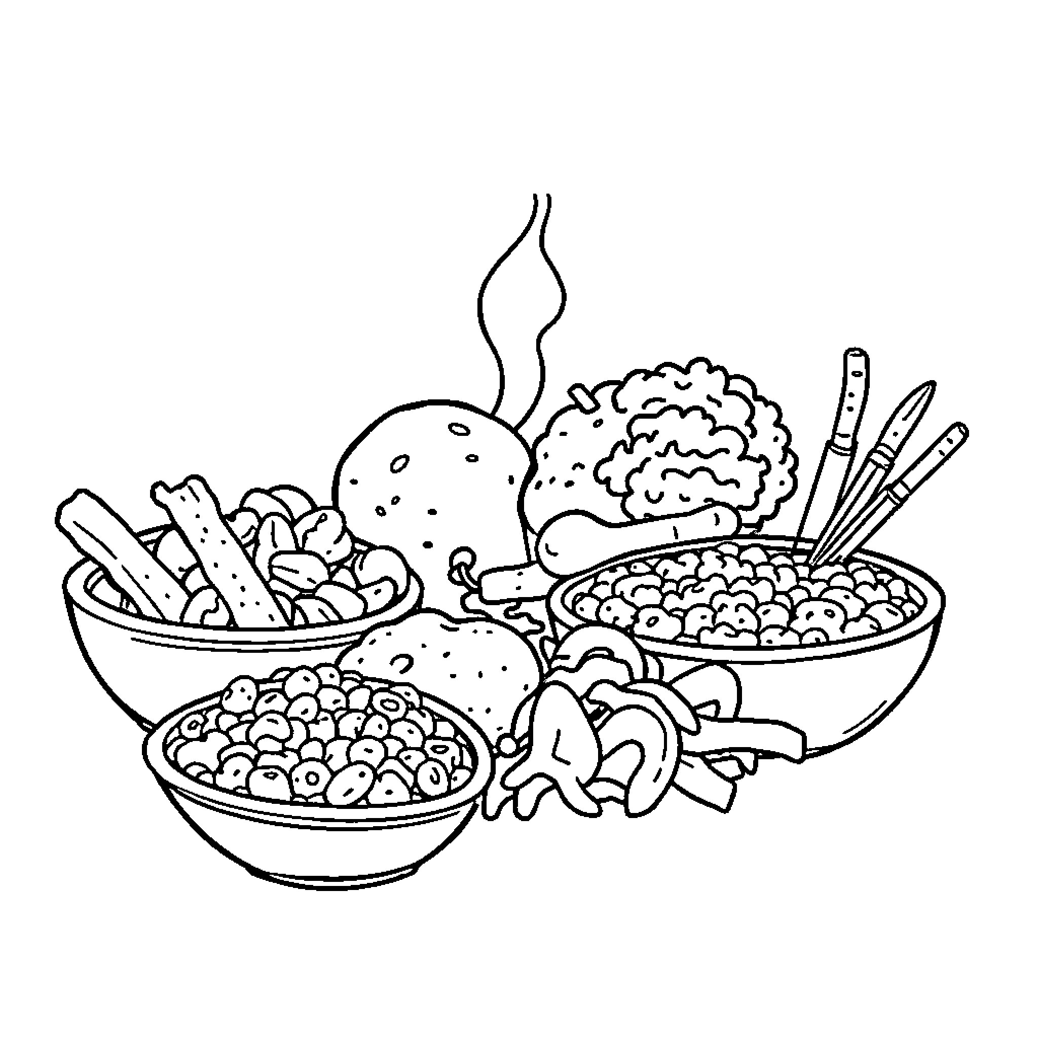 Soul Food: A Hearty Meal with Varied Ingredients Coloring Page (free black-and-white line drawing printable PDF for all, from beginners to advanced learners, including children, teens, adults, and seniors)