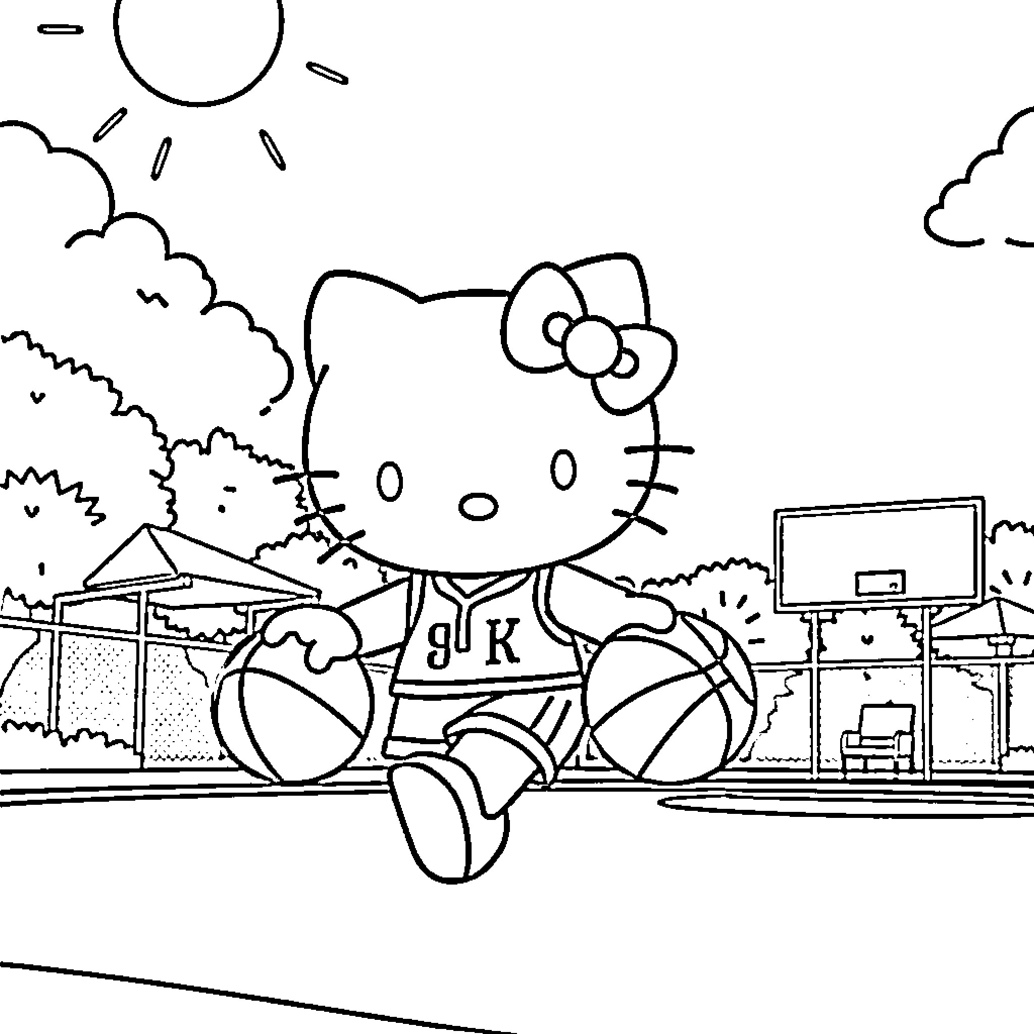 Hello Kitty playing outdoors with toys Coloring Page (free black-and-white line drawing printable PDF for all, from beginners to advanced learners, including children, teens, adults, and seniors)
