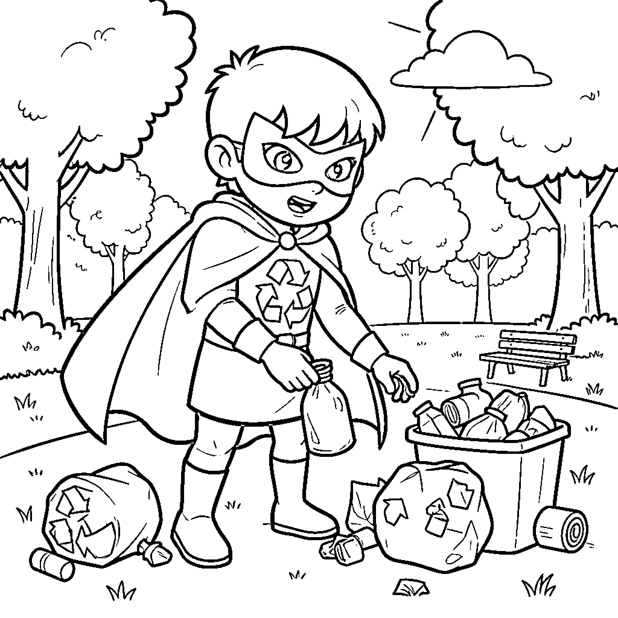 Recycling Superchild Collects Recyclable Items in the Park Coloring Page (free black-and-white line drawing printable PDF for all, from beginners to advanced learners, including children, teens, adults, and seniors)