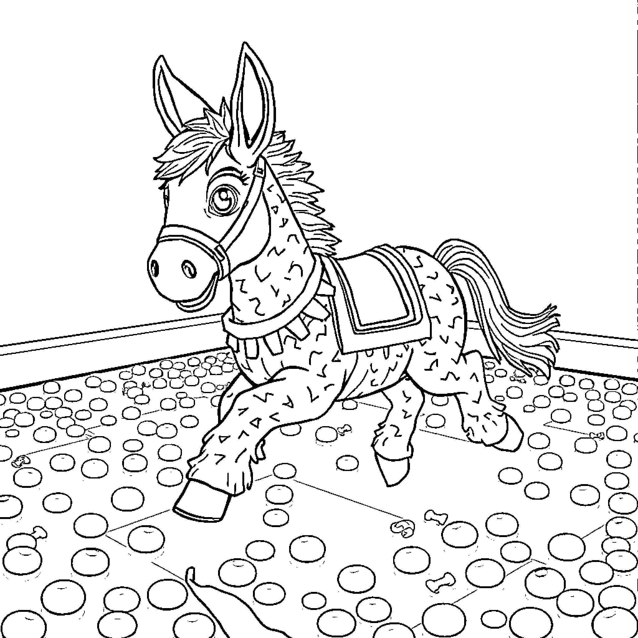 Pinata donkey in a festive scene Coloring Page (free black-and-white line drawing printable PDF for all, from beginners to advanced learners, including children, teens, adults, and seniors)
