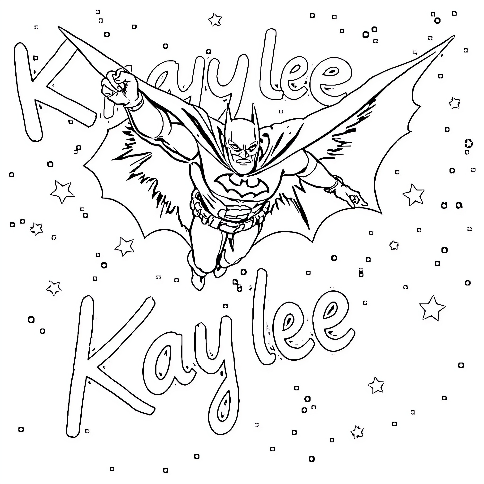 Batman in action with stars and patterns Coloring Page (free black-and-white line drawing printable PDF for all, from beginners to advanced learners, including children, teens, adults, and seniors)