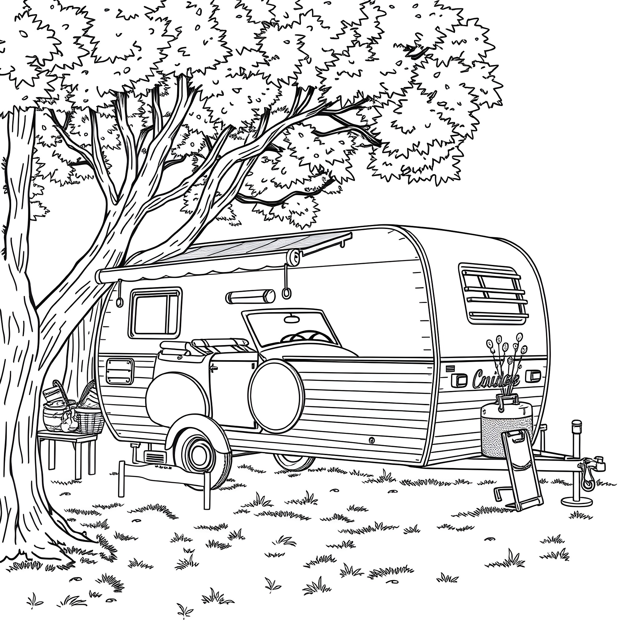 Car Camping Adventure in Wooded Landscape Coloring Page (free black-and-white line drawing printable PDF for all, from beginners to advanced learners, including children, teens, adults, and seniors)