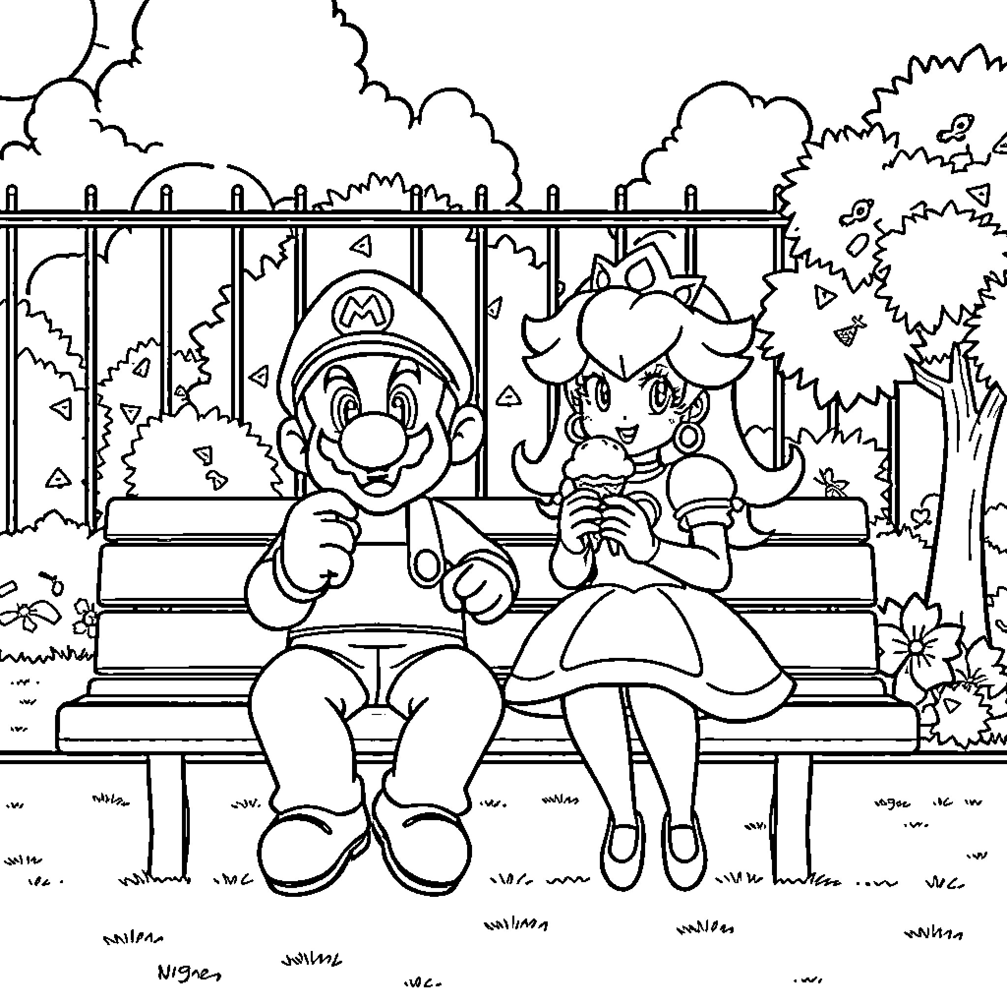 Mario and Peach enjoying a romantic moment in the park Coloring Page (free black-and-white line drawing printable PDF for all, from beginners to advanced learners, including children, teens, adults, and seniors)
