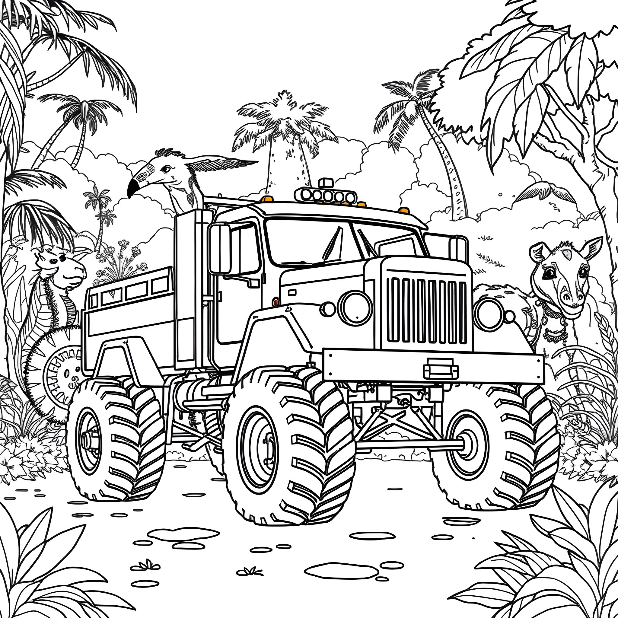 Truck Traveling Through Tropical Jungle Landscape Coloring Page (free black-and-white line drawing printable PDF for all, from beginners to advanced learners, including children, teens, adults, and seniors)