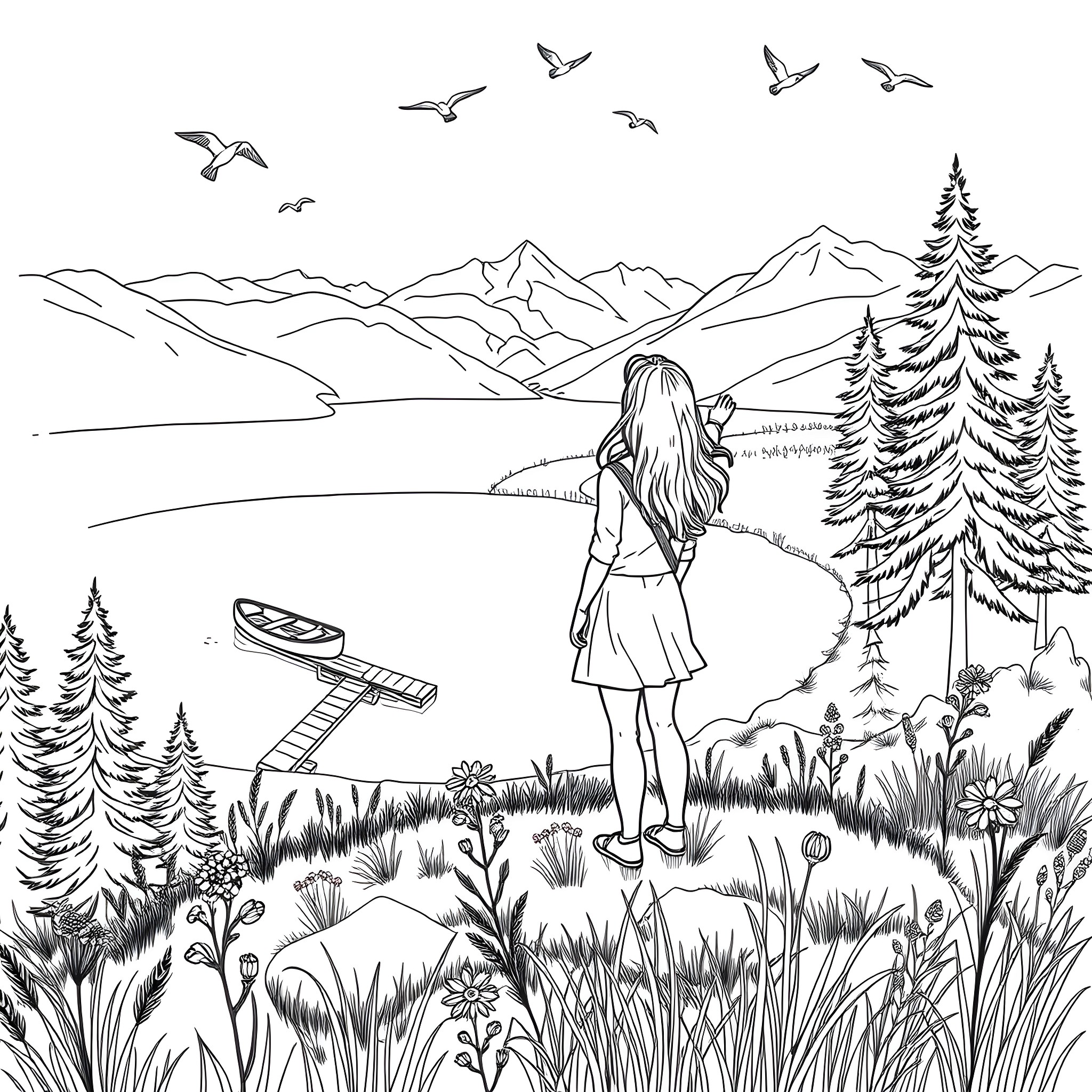 Couple admiring the scenic mountain landscape Coloring Page (free black-and-white line drawing printable PDF for all, from beginners to advanced learners, including children, teens, adults, and seniors)