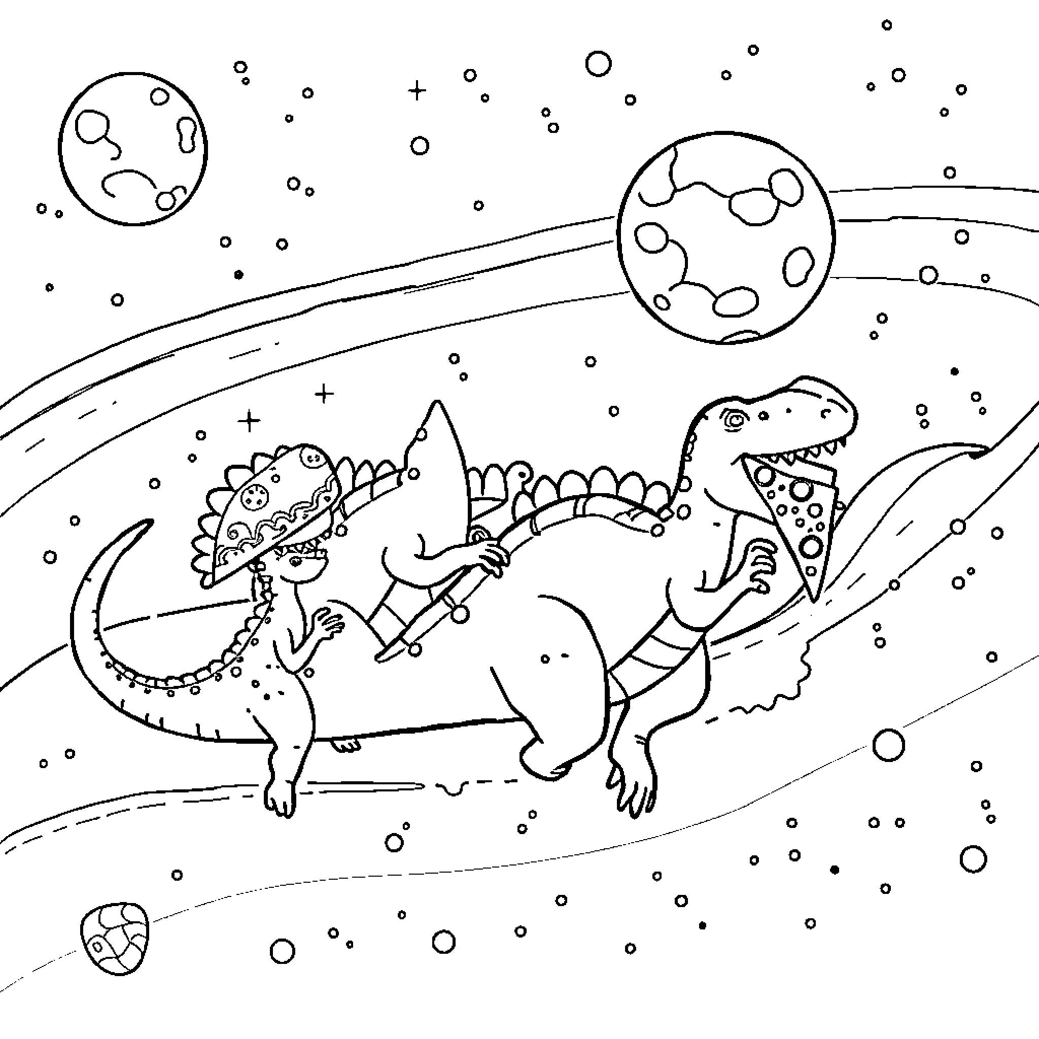 Dinosaurs playing in the cosmic landscape Coloring Page (free black-and-white line drawing printable PDF for all, from beginners to advanced learners, including children, teens, adults, and seniors)