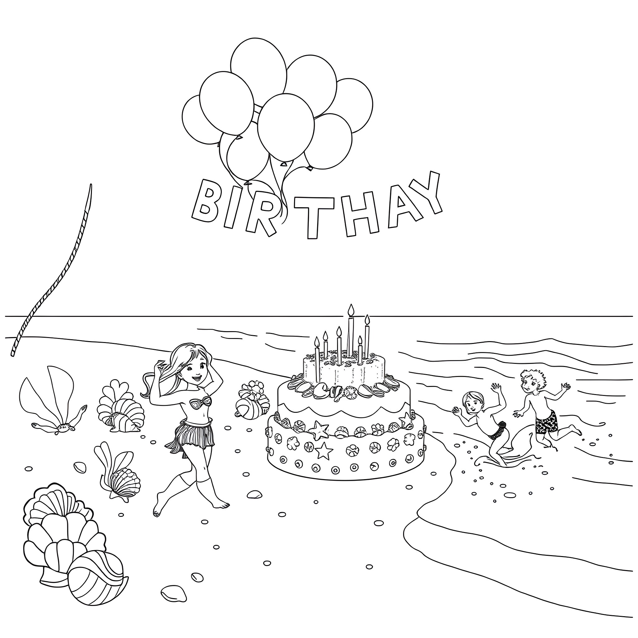 Mermaid celebrates birthday party on the beach Coloring Page (free black-and-white line drawing printable PDF for all, from beginners to advanced learners, including children, teens, adults, and seniors)