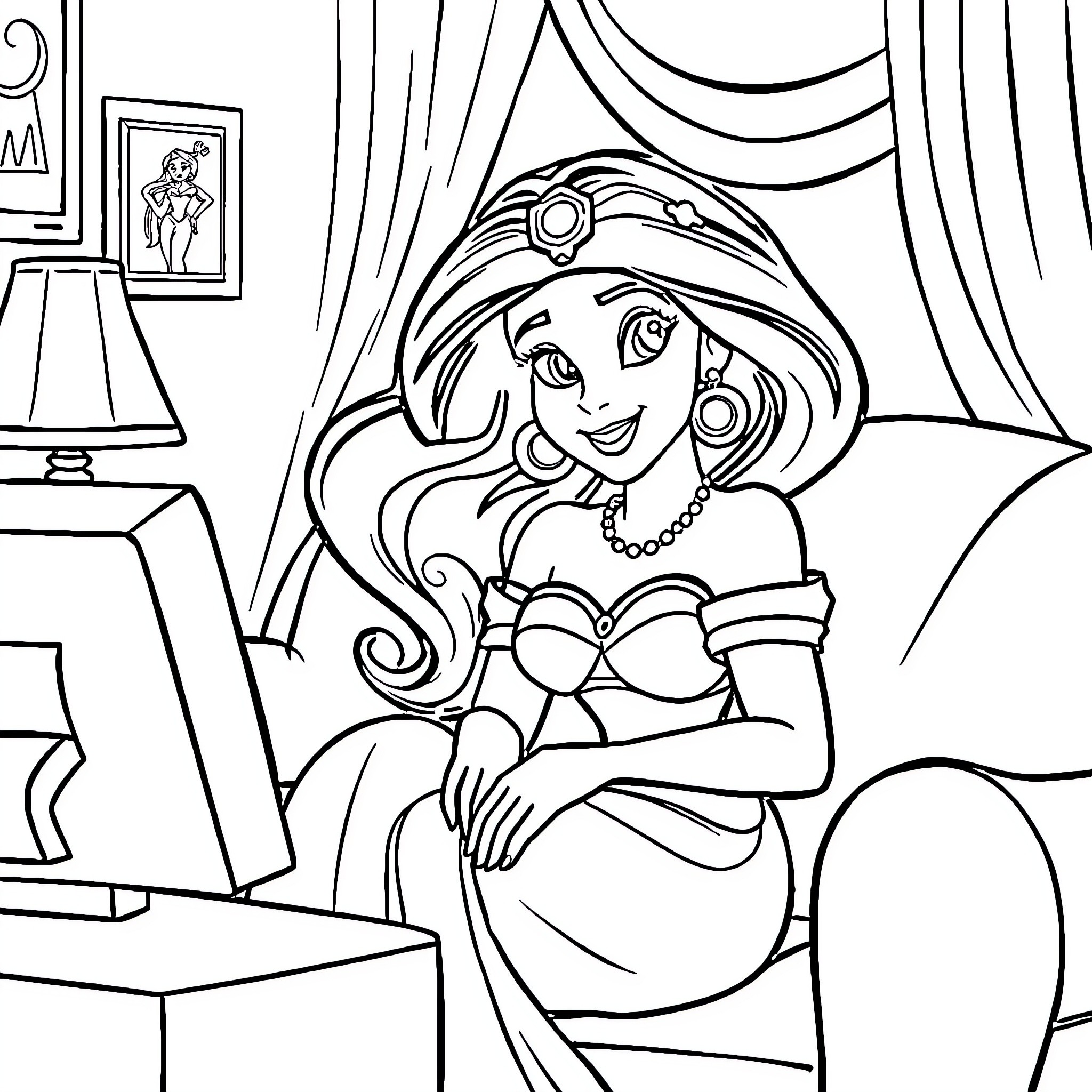 Princess Jasmine relaxing in her room Coloring Page (free black-and-white line drawing printable PDF for all, from beginners to advanced learners, including children, teens, adults, and seniors)