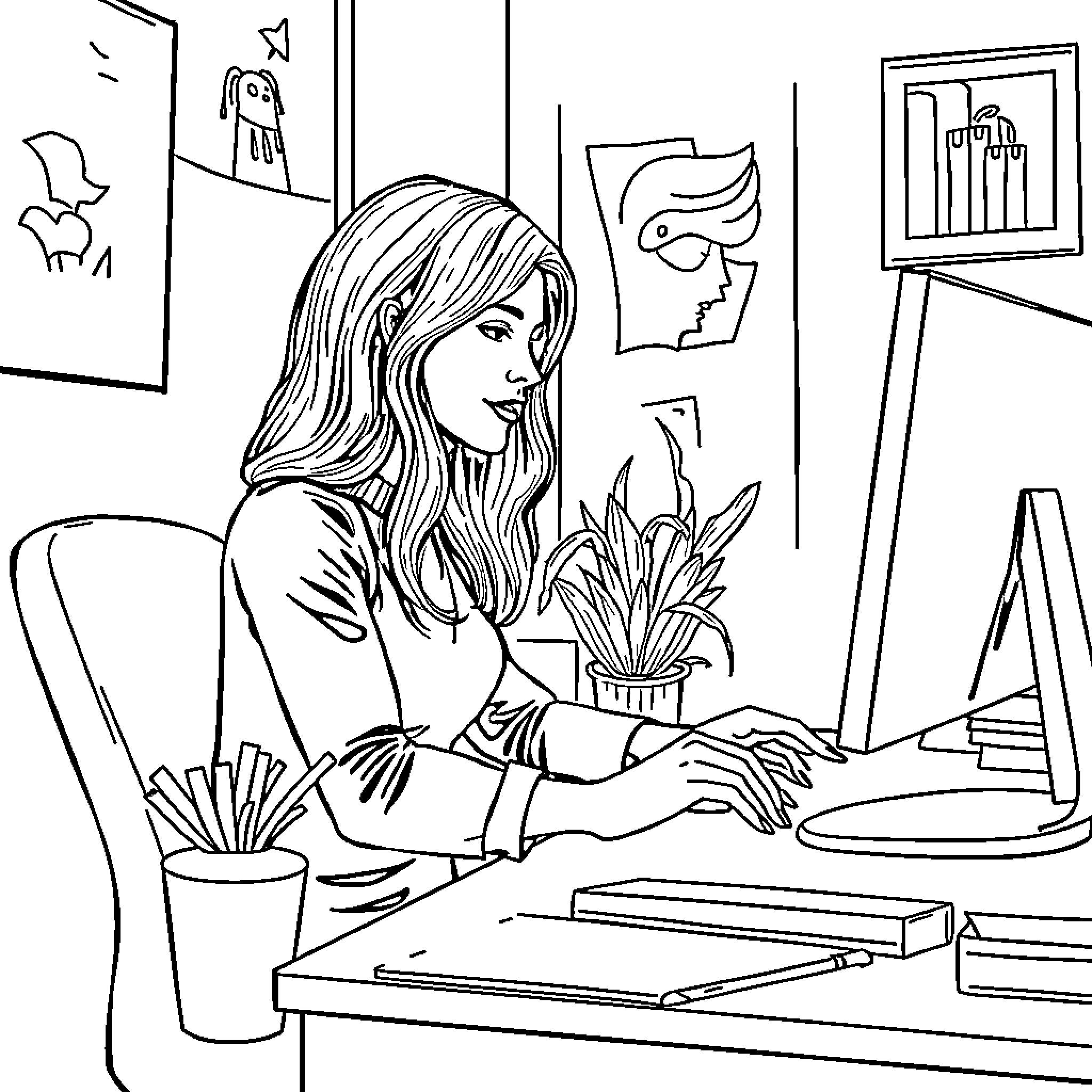 Woman working diligently at her desk Coloring Page (free black-and-white line drawing printable PDF for all, from beginners to advanced learners, including children, teens, adults, and seniors)