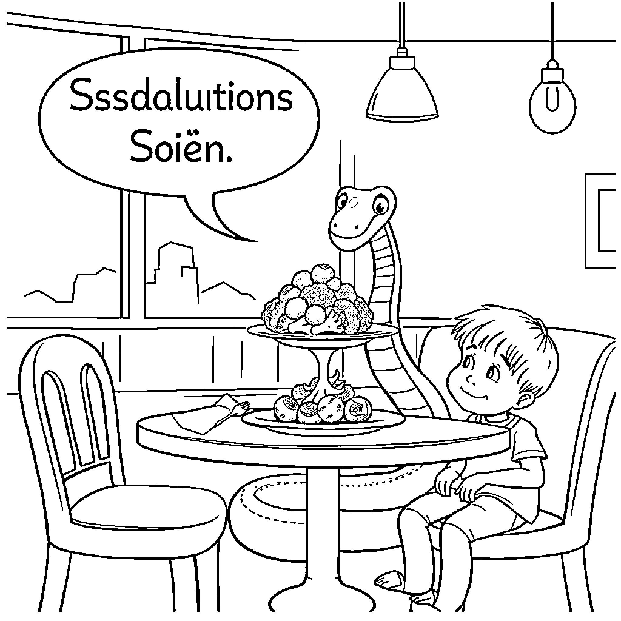Snake contemplating a meal in the cafe Coloring Page (free black-and-white line drawing printable PDF for all, from beginners to advanced learners, including children, teens, adults, and seniors)