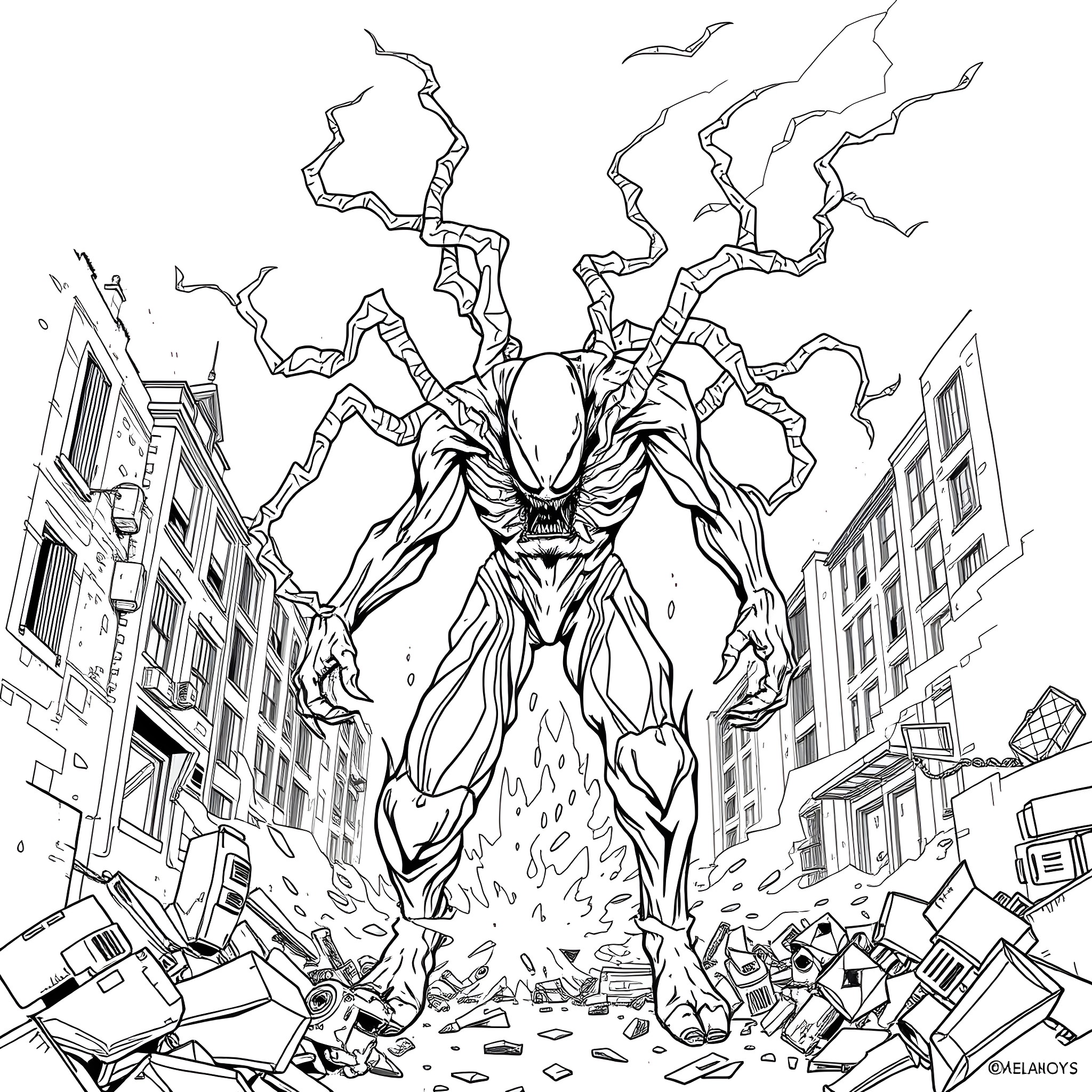 Carnage unleashed: Monstrous chaos in the city Coloring Page (free black-and-white line drawing printable PDF for all, from beginners to advanced learners, including children, teens, adults, and seniors)