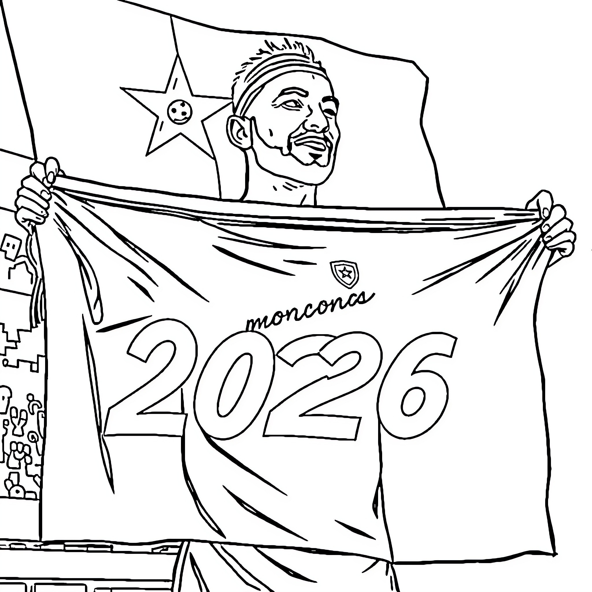Hakimi celebrating 2026 World Cup with national flag Coloring Page (free black-and-white line drawing printable PDF for all, from beginners to advanced learners, including children, teens, adults, and seniors)