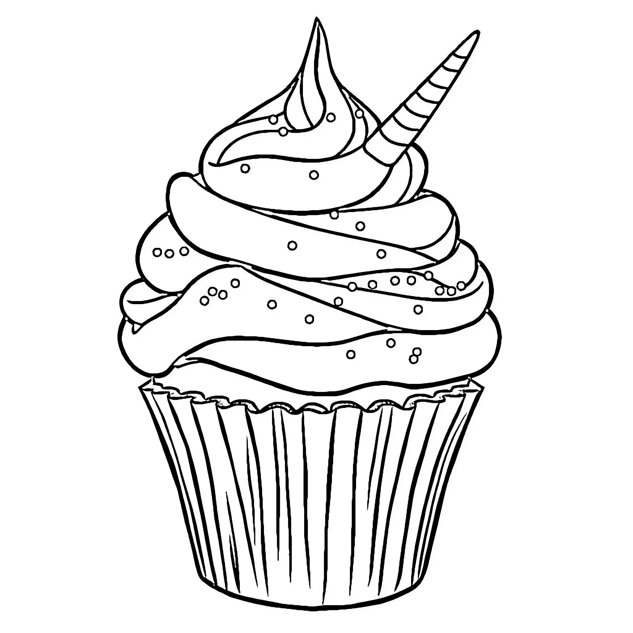 Unicorn-themed cupcake with swirly frosting Coloring Page (free black-and-white line drawing printable PDF for all, from beginners to advanced learners, including children, teens, adults, and seniors)
