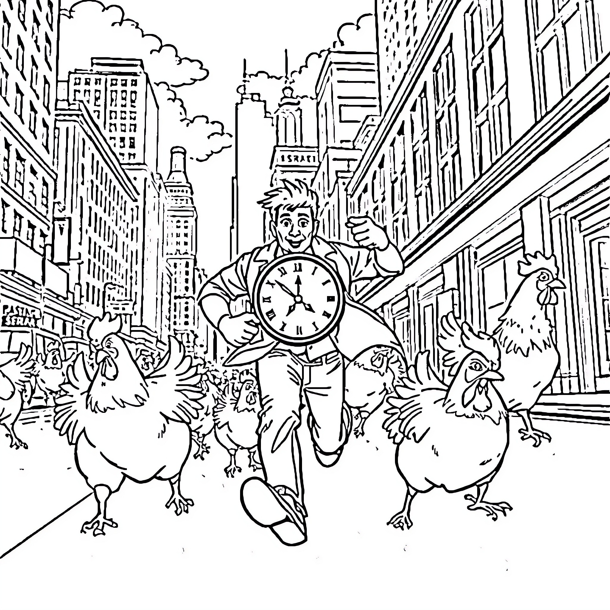 Man running through city streets with chickens Coloring Page (free black-and-white line drawing printable PDF for all, from beginners to advanced learners, including children, teens, adults, and seniors)