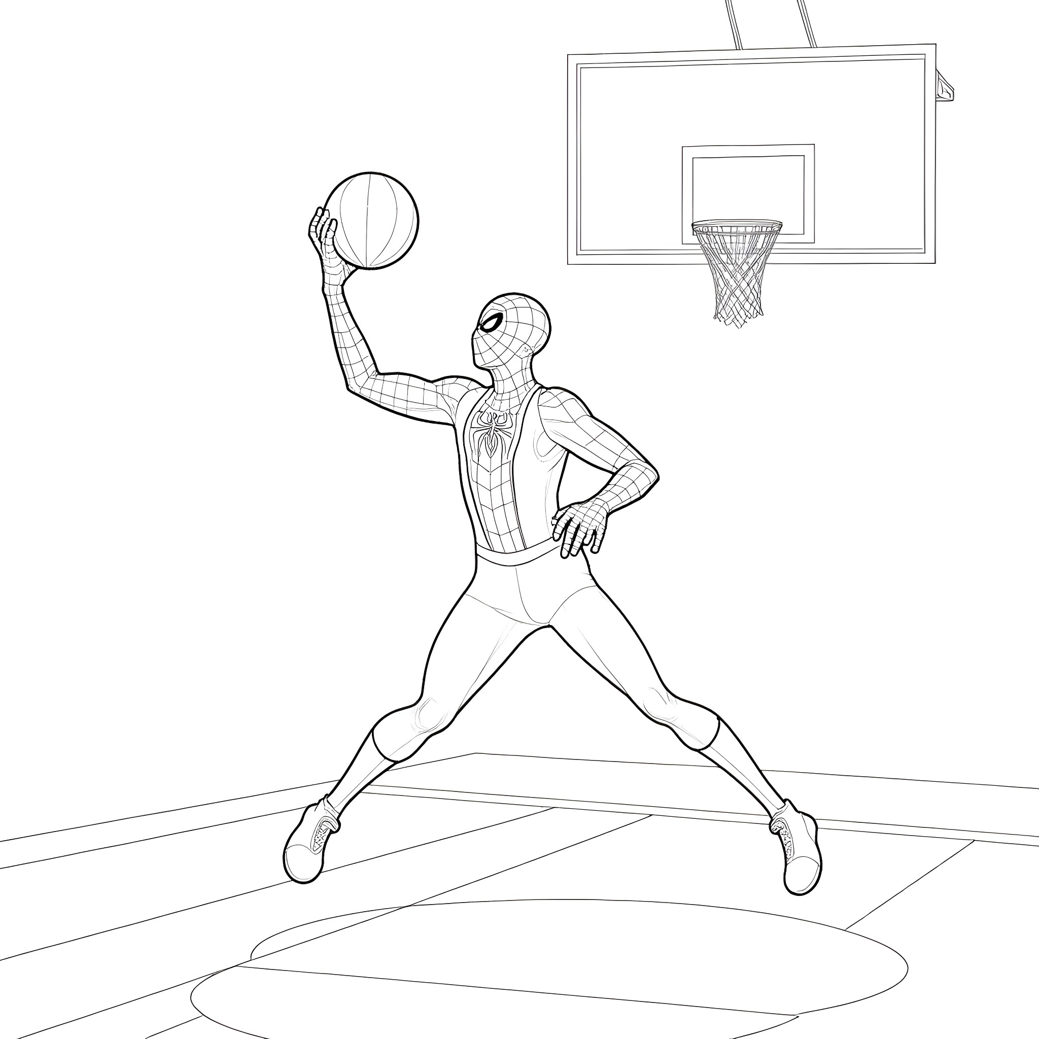 Spider-Man dunking a basketball on the court Coloring Page (free black-and-white line drawing printable PDF for all, from beginners to advanced learners, including children, teens, adults, and seniors)