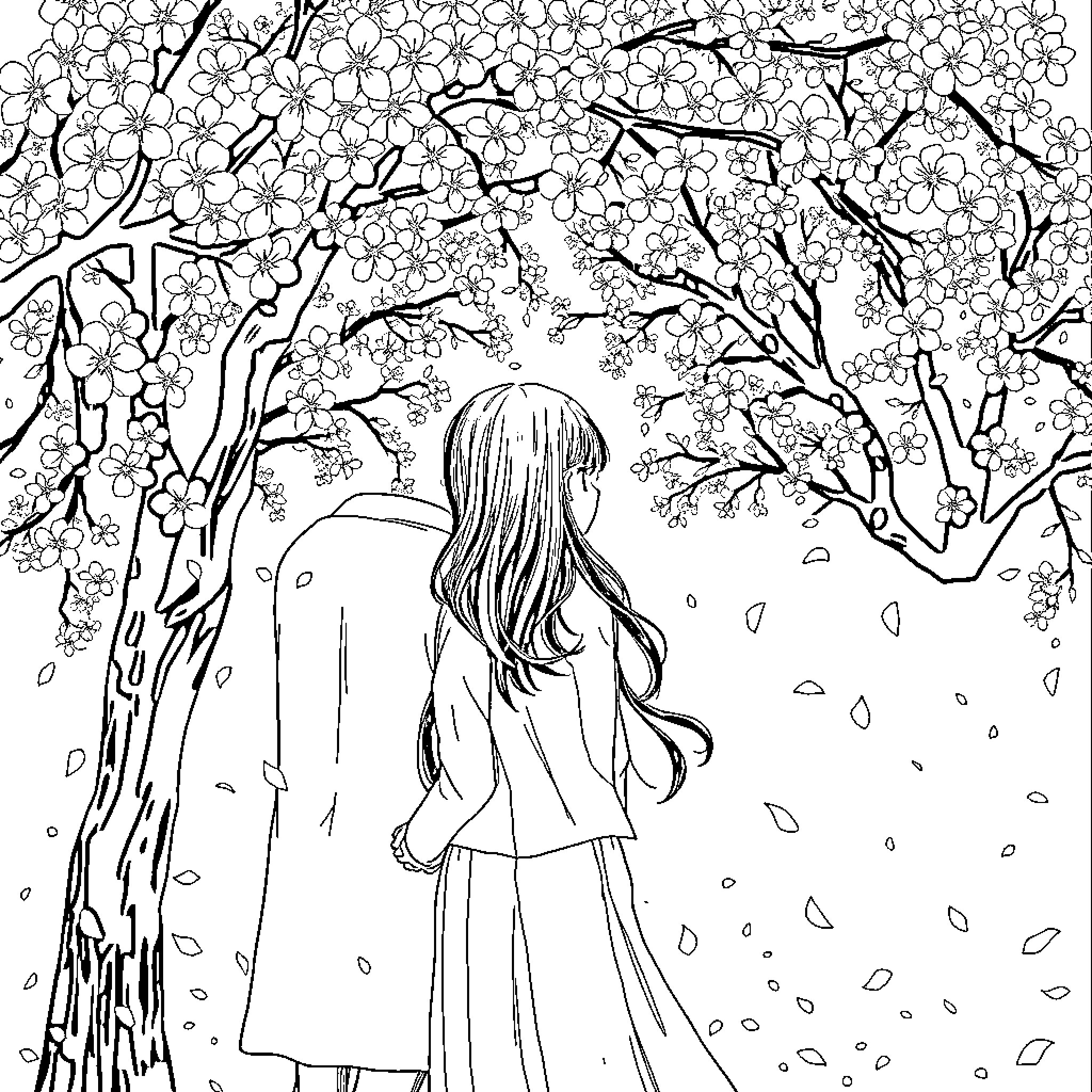 K Drama Character Enjoying Spring Blossoms Coloring Page (free black-and-white line drawing printable PDF for all, from beginners to advanced learners, including children, teens, adults, and seniors)
