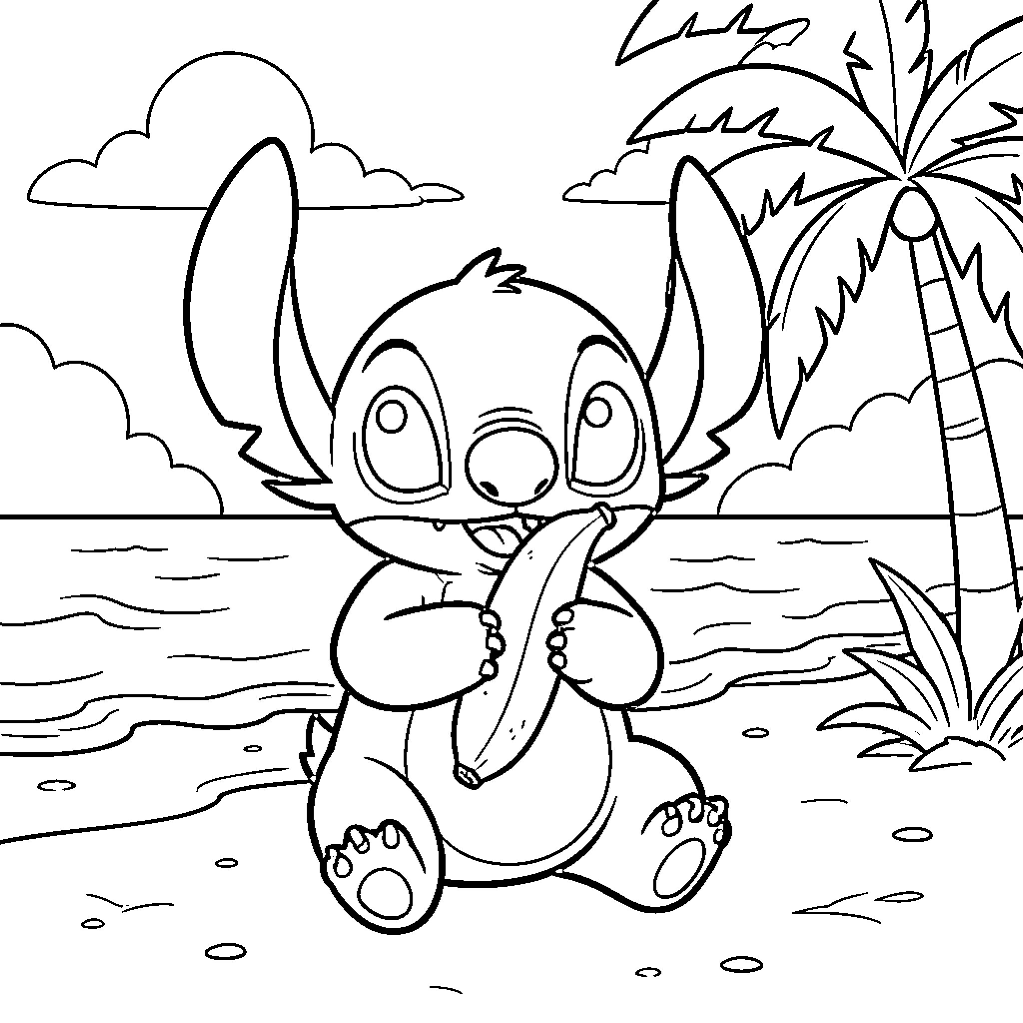 Stitch enjoying the tropical beach scenery Coloring Page (free black-and-white line drawing printable PDF for all, from beginners to advanced learners, including children, teens, adults, and seniors)