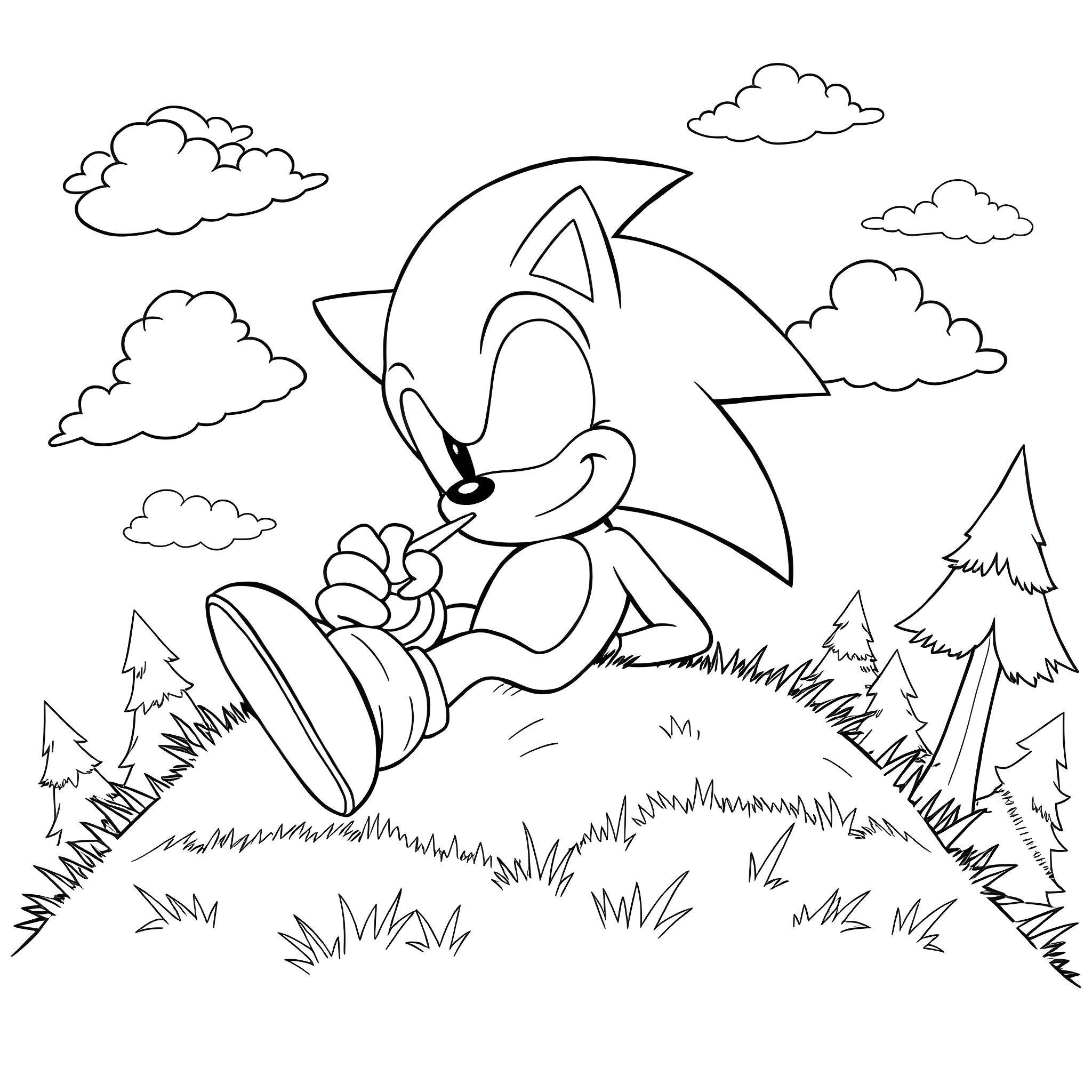 Sonic the Hedgehog running through a grassy field Coloring Page (free black-and-white line drawing printable PDF for all, from beginners to advanced learners, including children, teens, adults, and seniors)