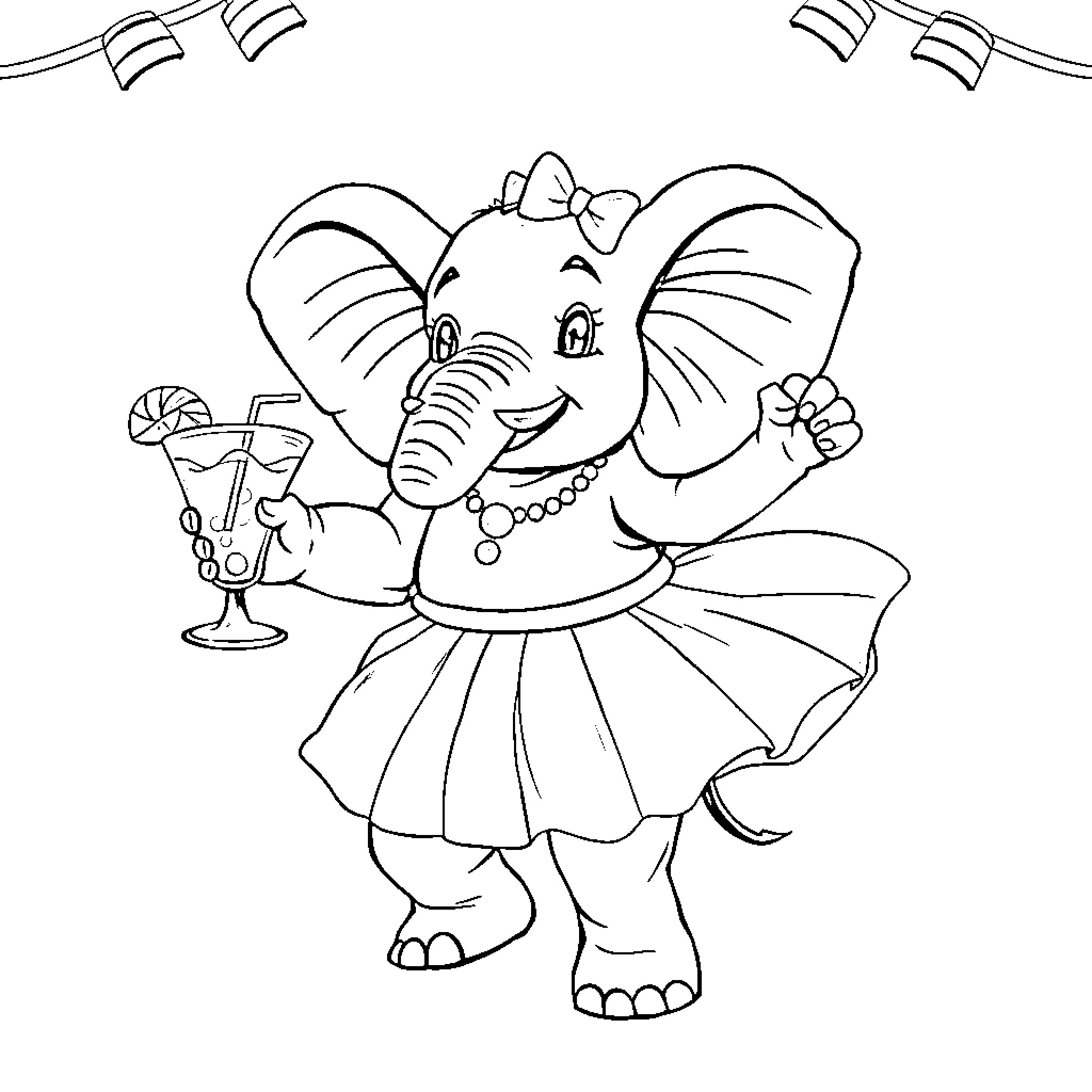 Elephant dressed up at a party with a drink Coloring Page (free black-and-white line drawing printable PDF for all, from beginners to advanced learners, including children, teens, adults, and seniors)