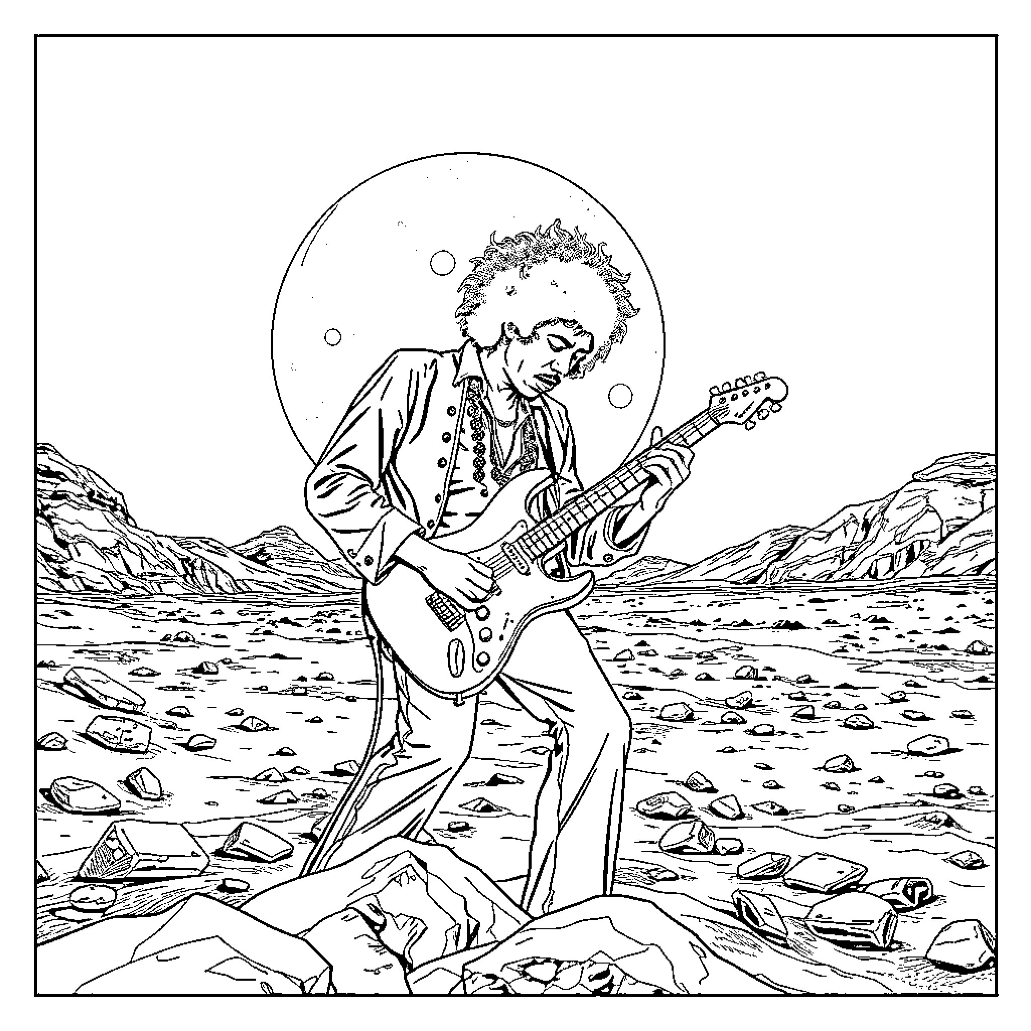 Jimi Hendrix performing guitar on rocky desert landscape Coloring Page (free black-and-white line drawing printable PDF for all, from beginners to advanced learners, including children, teens, adults, and seniors)