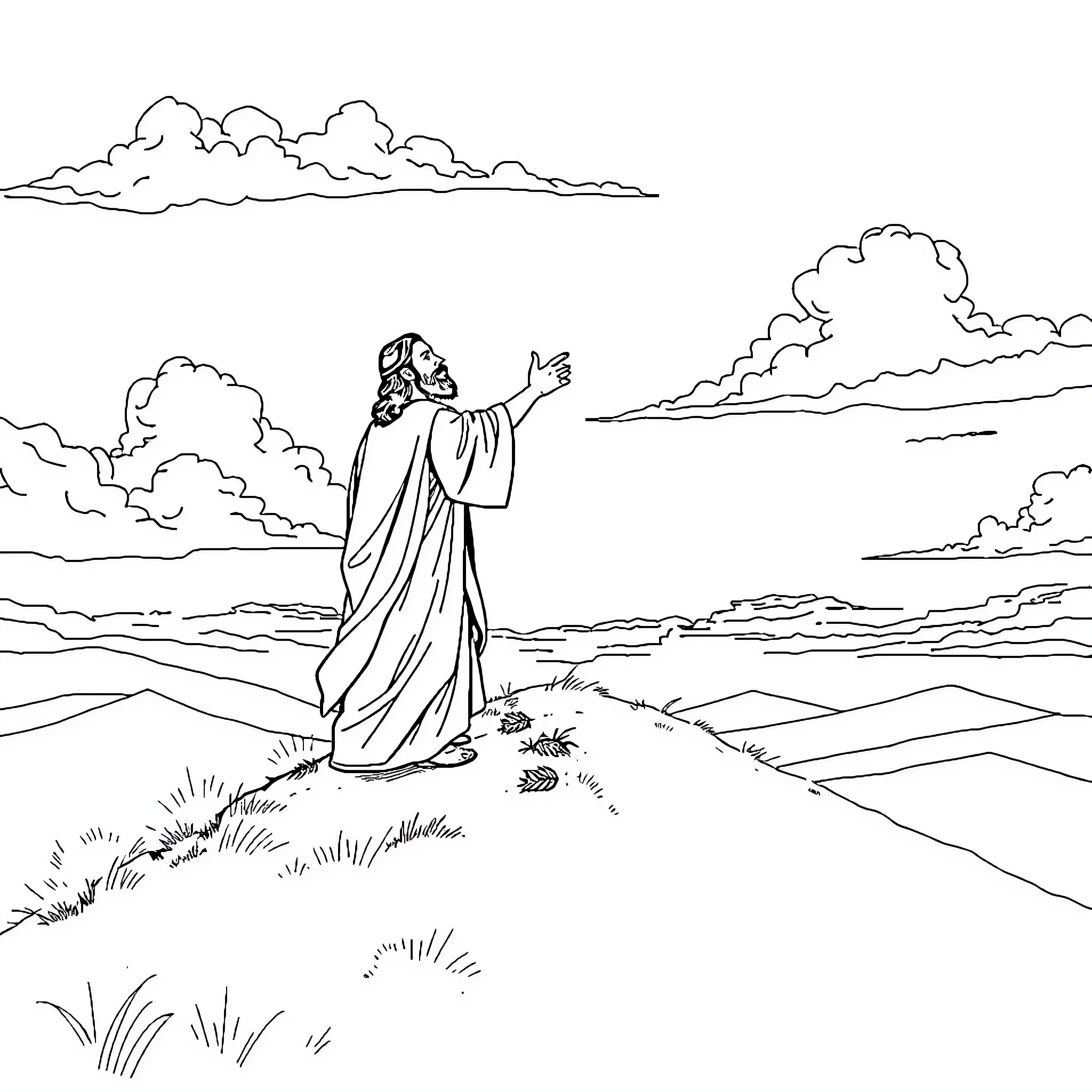 Jesus teaching the Sermon on the Mount Coloring Page (free black-and-white line drawing printable PDF for all, from beginners to advanced learners, including children, teens, adults, and seniors)