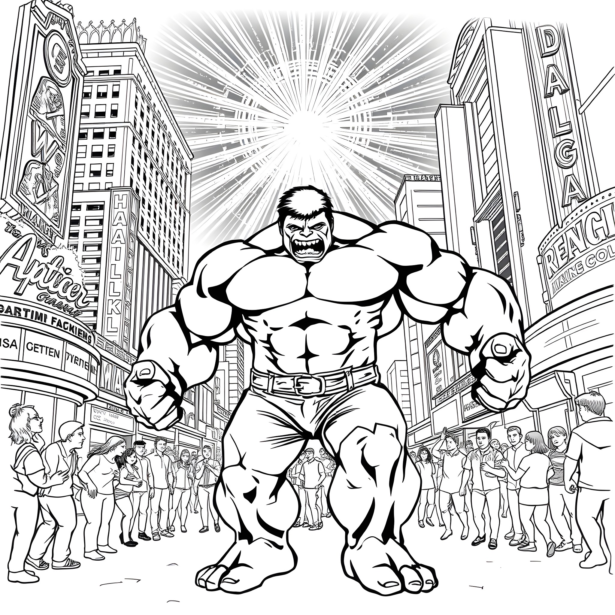 Hulk rampaging through the city streets Coloring Page (free black-and-white line drawing printable PDF for all, from beginners to advanced learners, including children, teens, adults, and seniors)