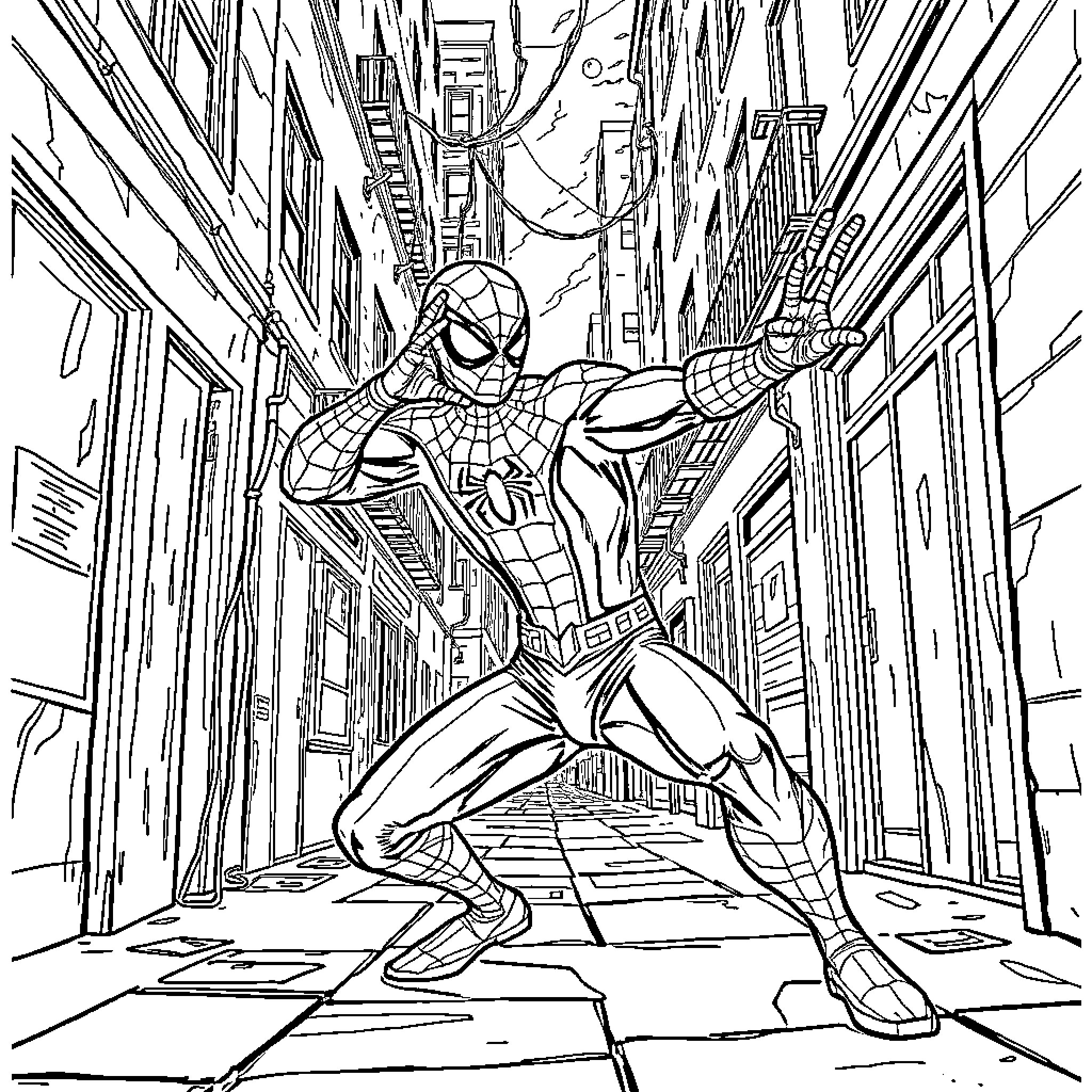Spiderman swinging through the city streets Coloring Page (free black-and-white line drawing printable PDF for all, from beginners to advanced learners, including children, teens, adults, and seniors)